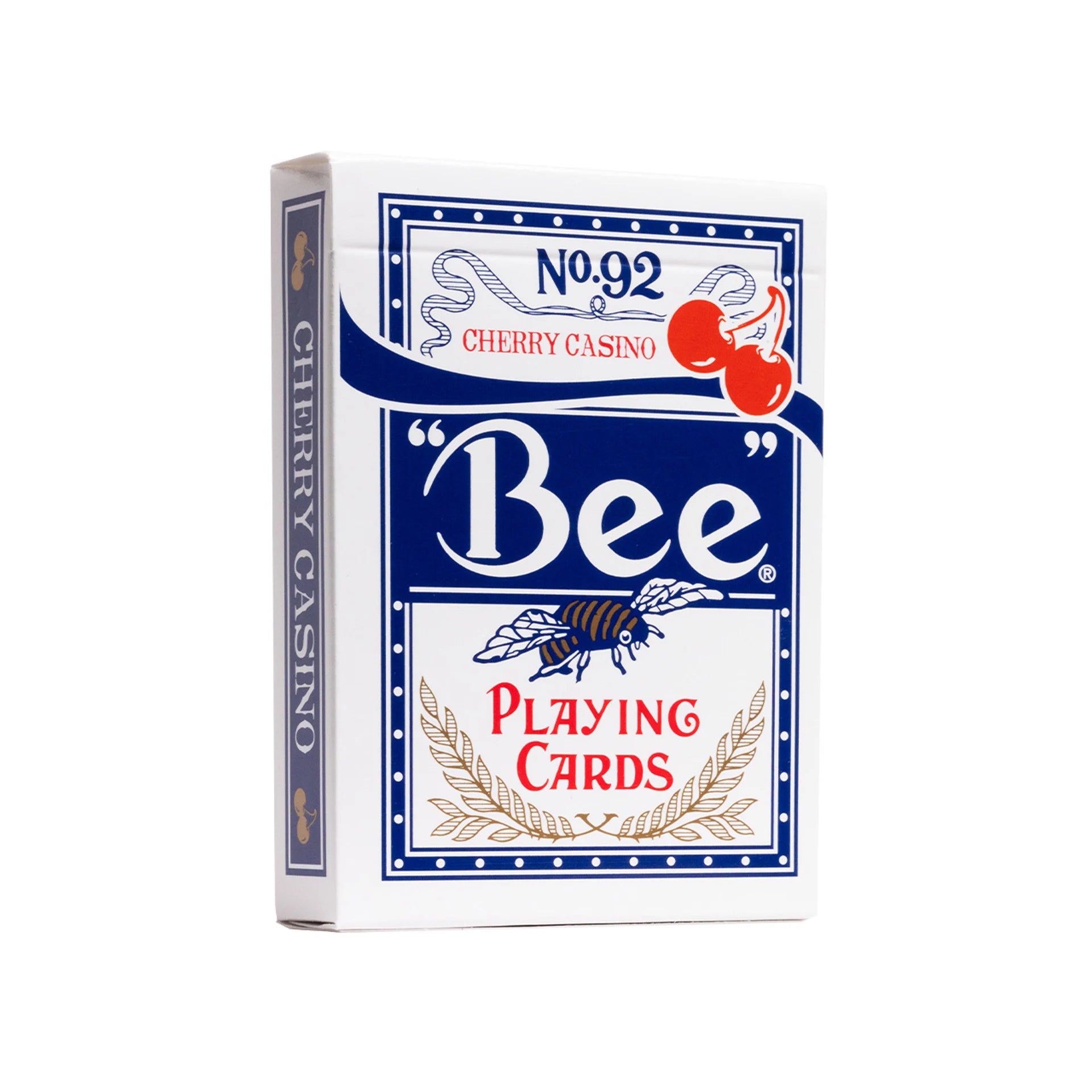Box of Bee X Cherry Casino playing cards with blue and red design on a white background