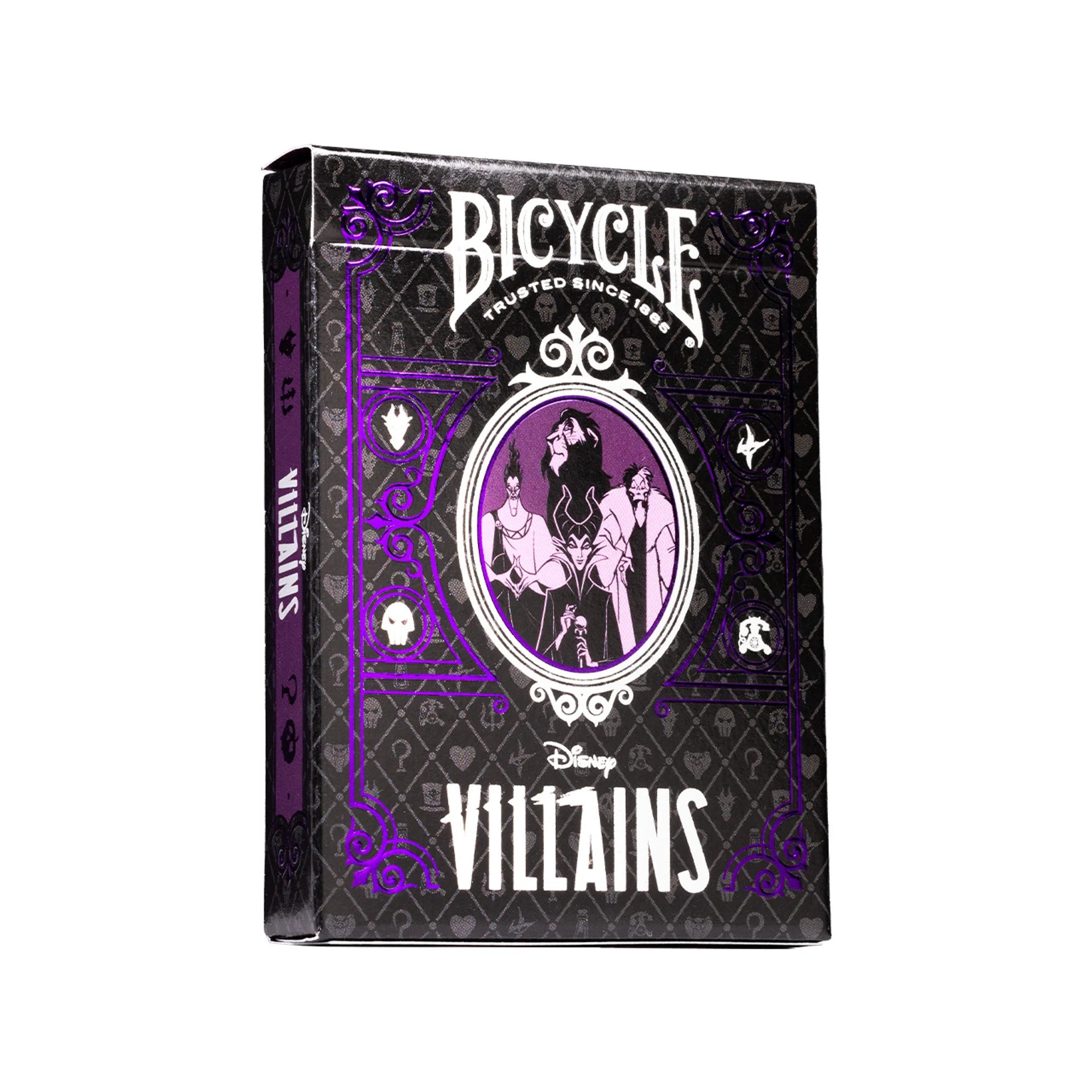 Bicycle Disney Villains playing card box with purple and white design on a white background