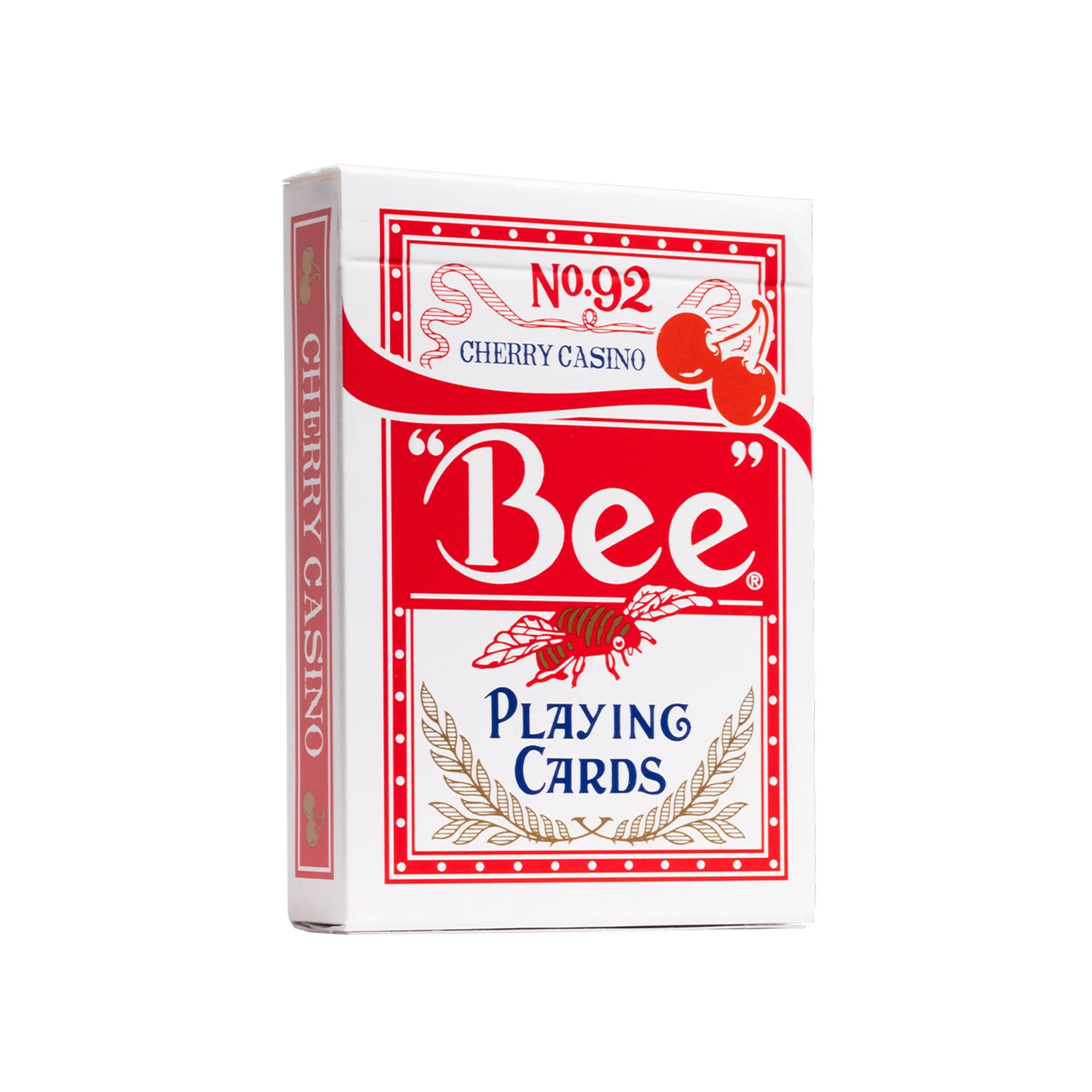 Box of Bee X Charry Casino playing cards with red and white design on a white background
