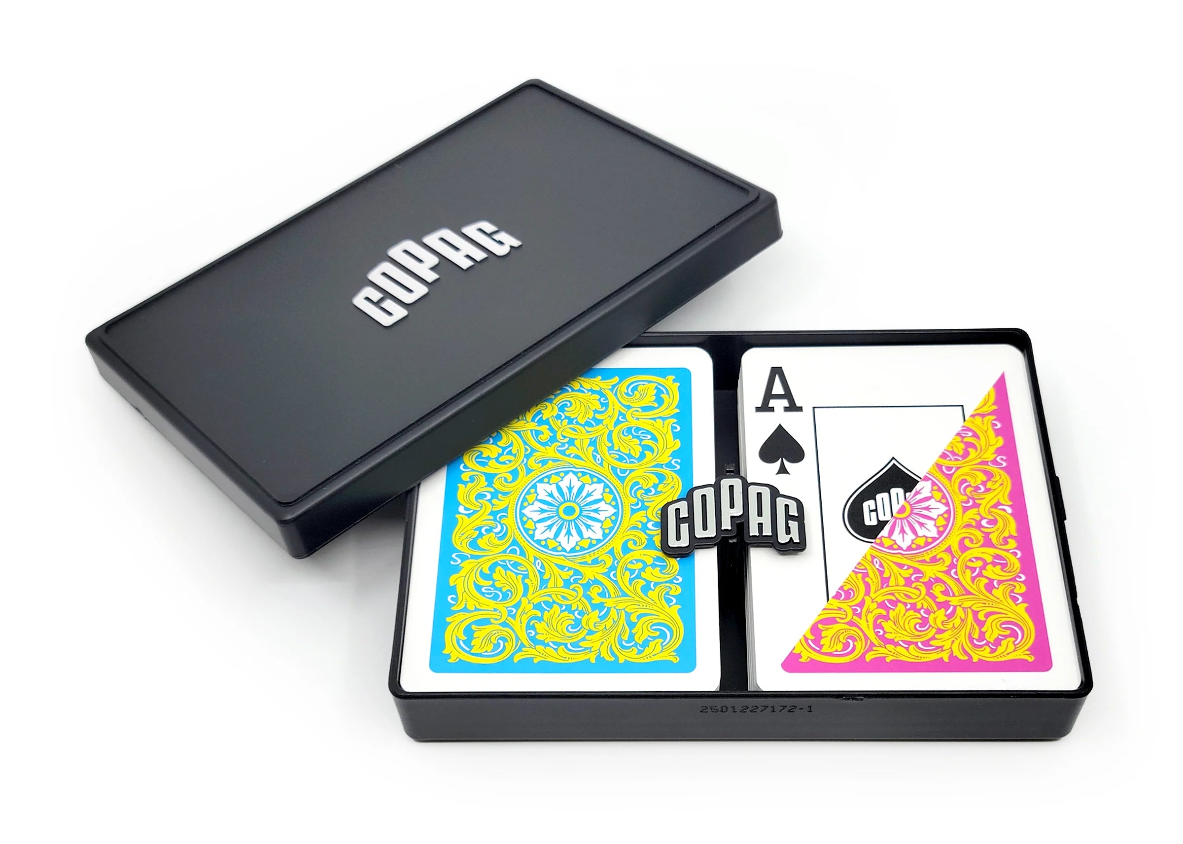 Neoteric Poker Size Jumbo Index (Pink & Yellow)  playing cardswith Copag branding on a white background
