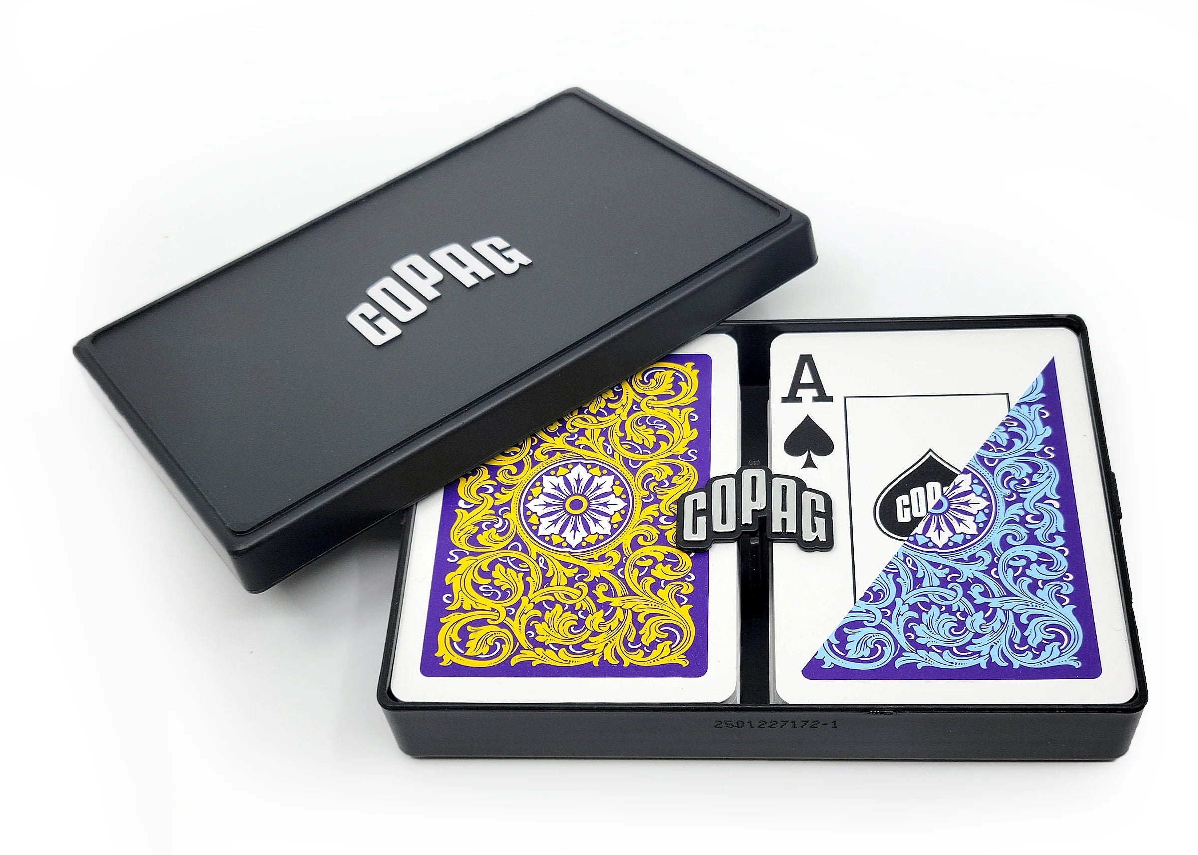 Copag Neoteric Poker Size Jumbo Index (Blue & Yellow) playing cards with a black box on a white background