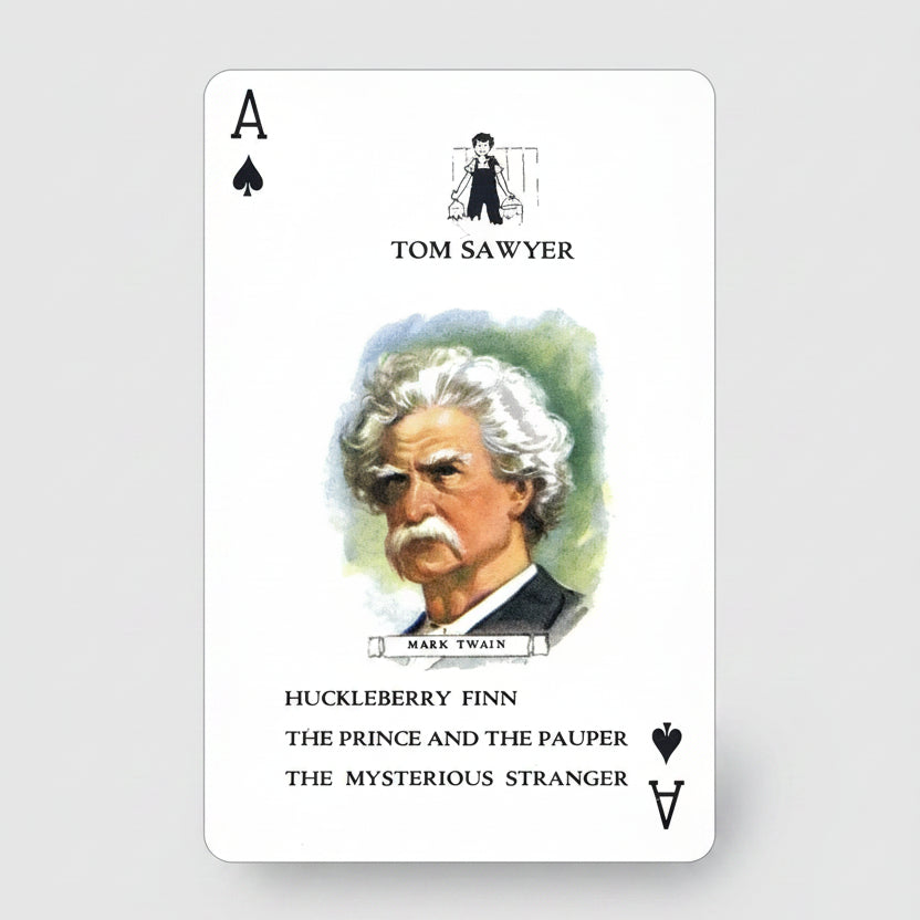 Playing card featuring Mark Twain with text about his works