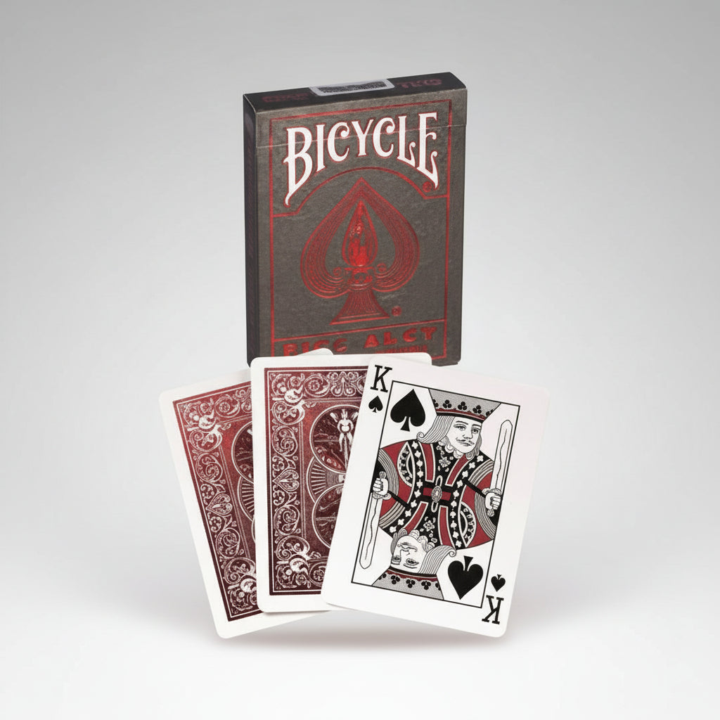 Bicycle Crimson Metalluxe playing cards with a red spade design on a white background