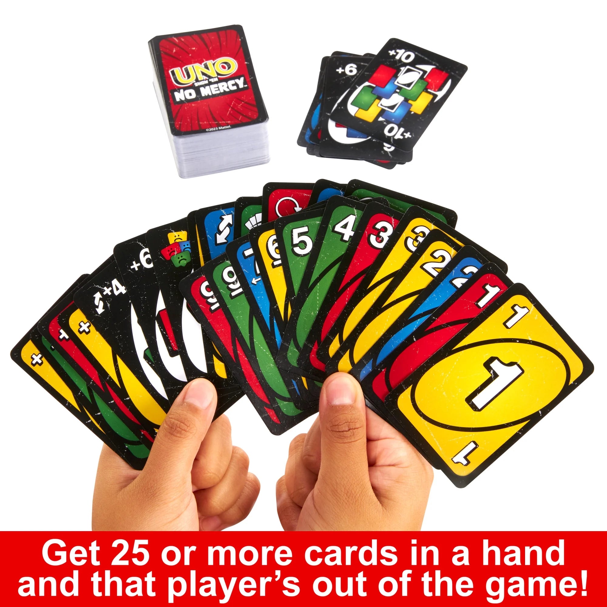UNO Show Em No Mercy with colorful cards and a deck of cards held by hands, on a white background.