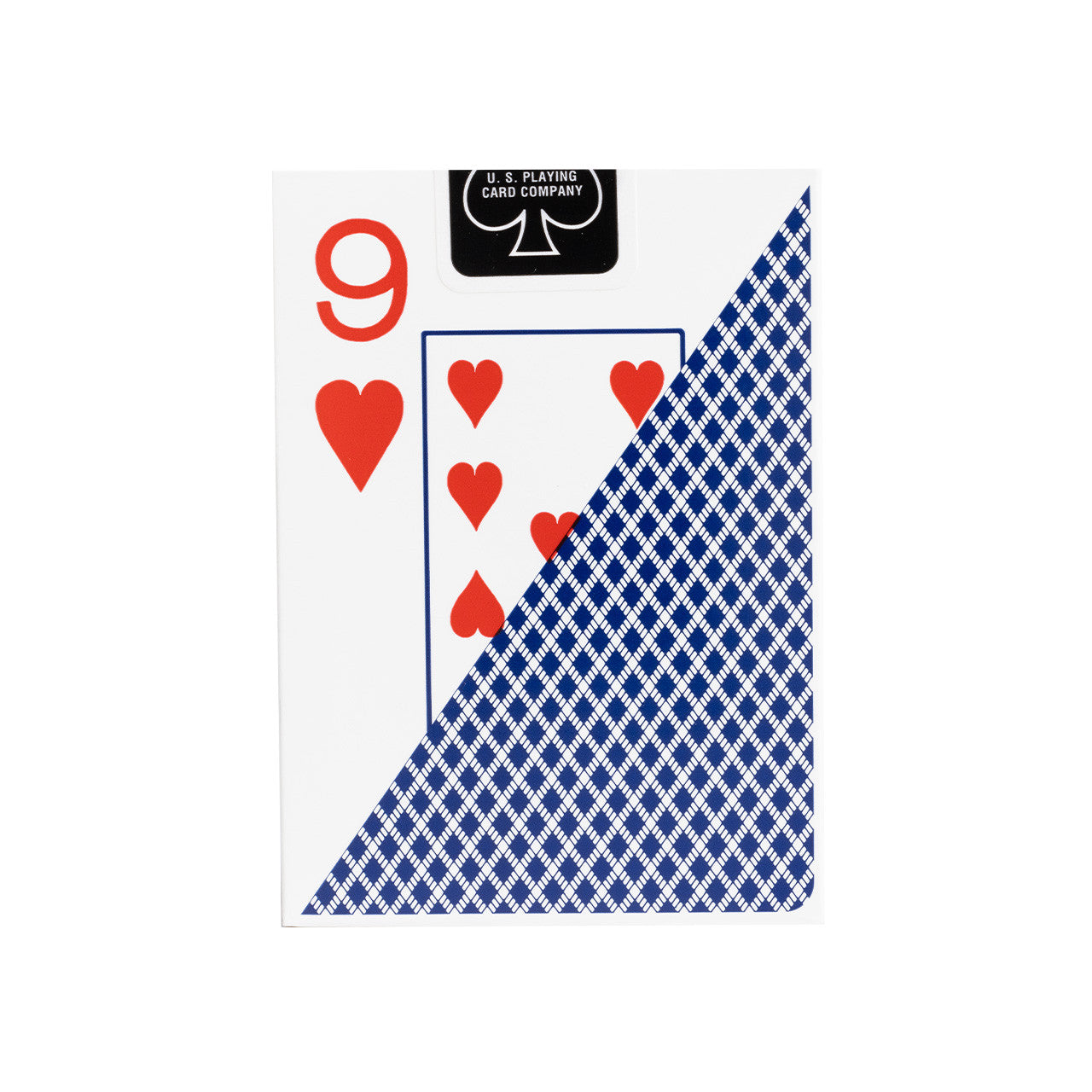 Bee playing card with number 9 and hearts, featuring a blue and white checkered border, on a white background.