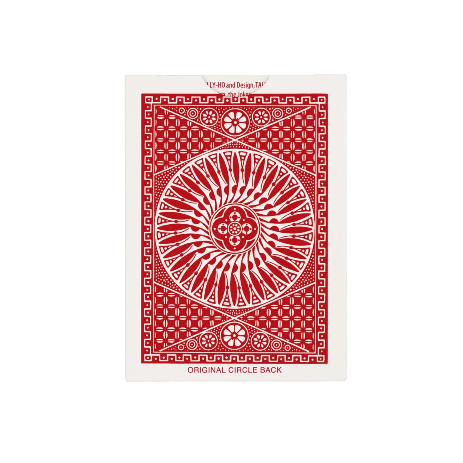Red and white Tally Ho playing card circle back design on a white background