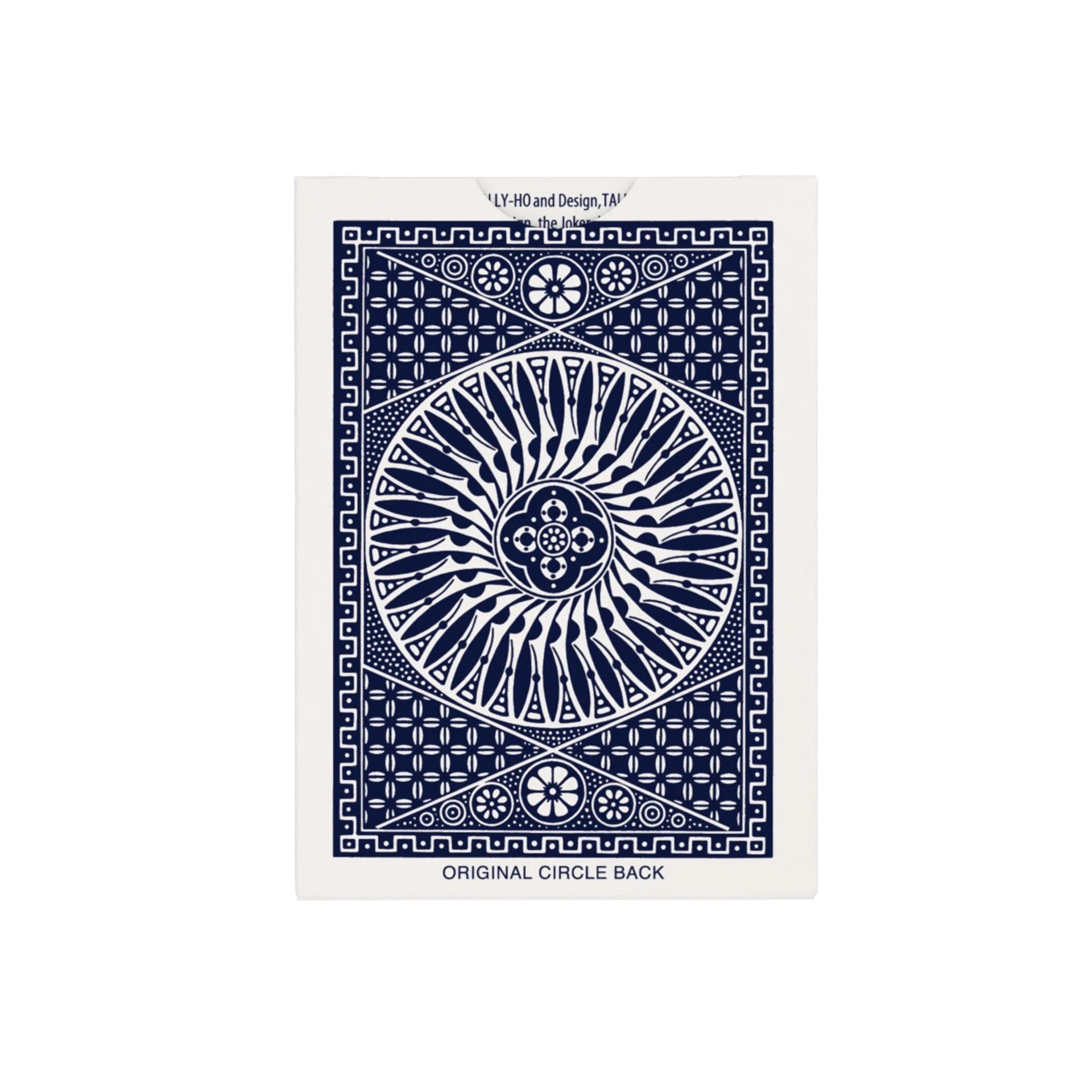 Tally Ho playing card box back with blue and white circle back design on a white background