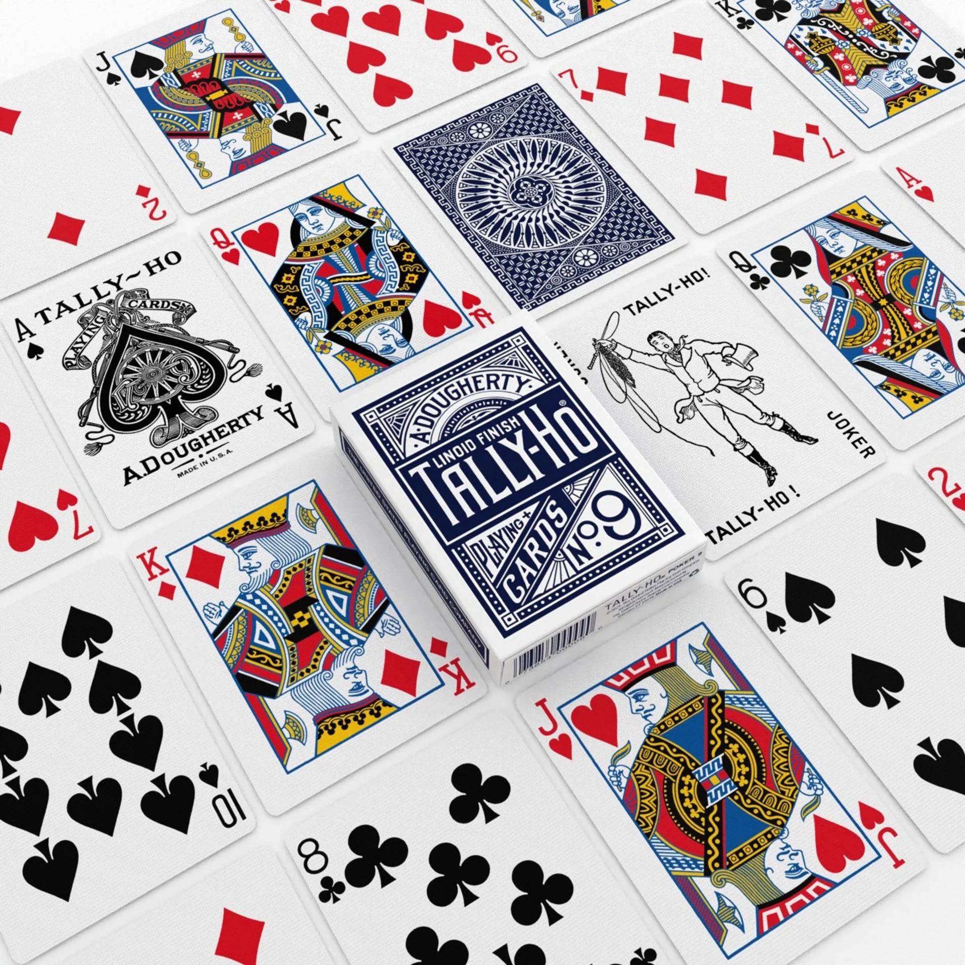 Playing cards with blue Tally-Ho playing card box in the center
