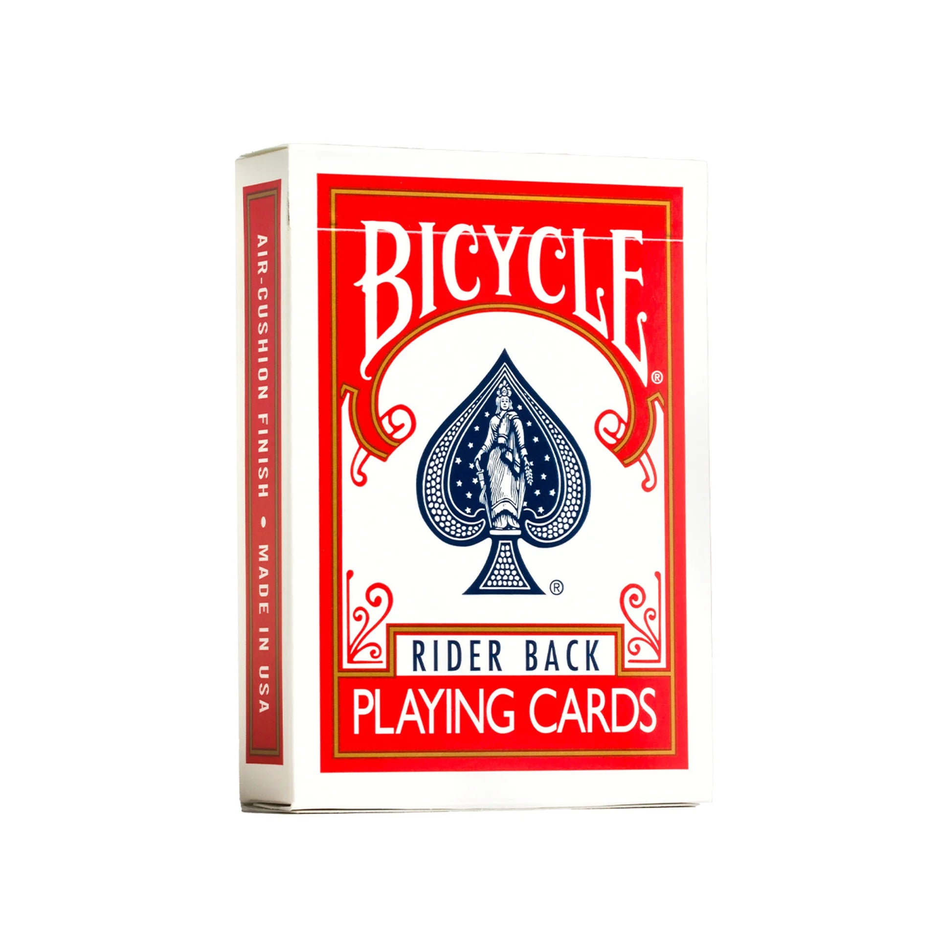 Bicycle rider back playing cards packaging with red and white design on a white background