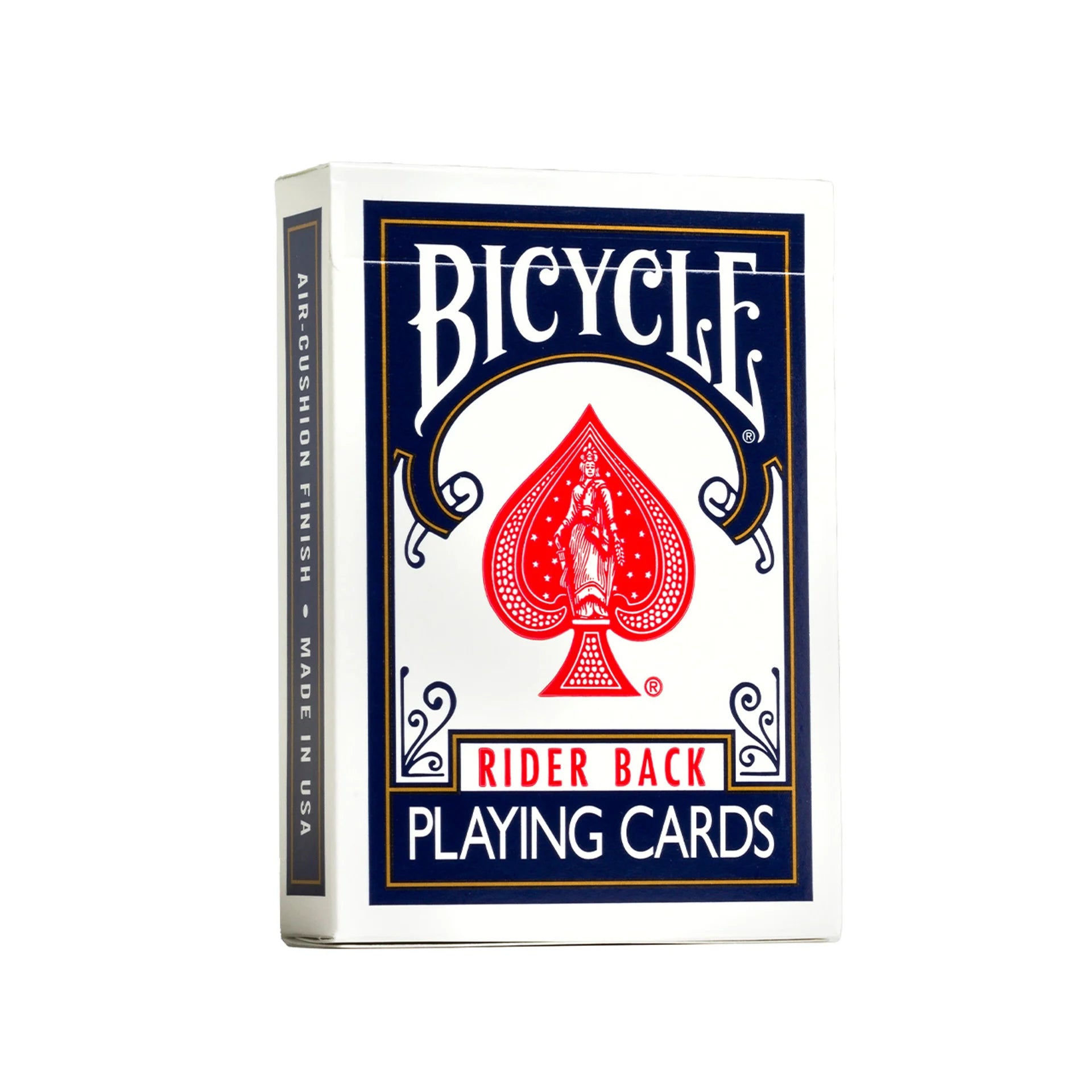 Bicycle rider back playing cards packaging with a red spade symbol on a white background