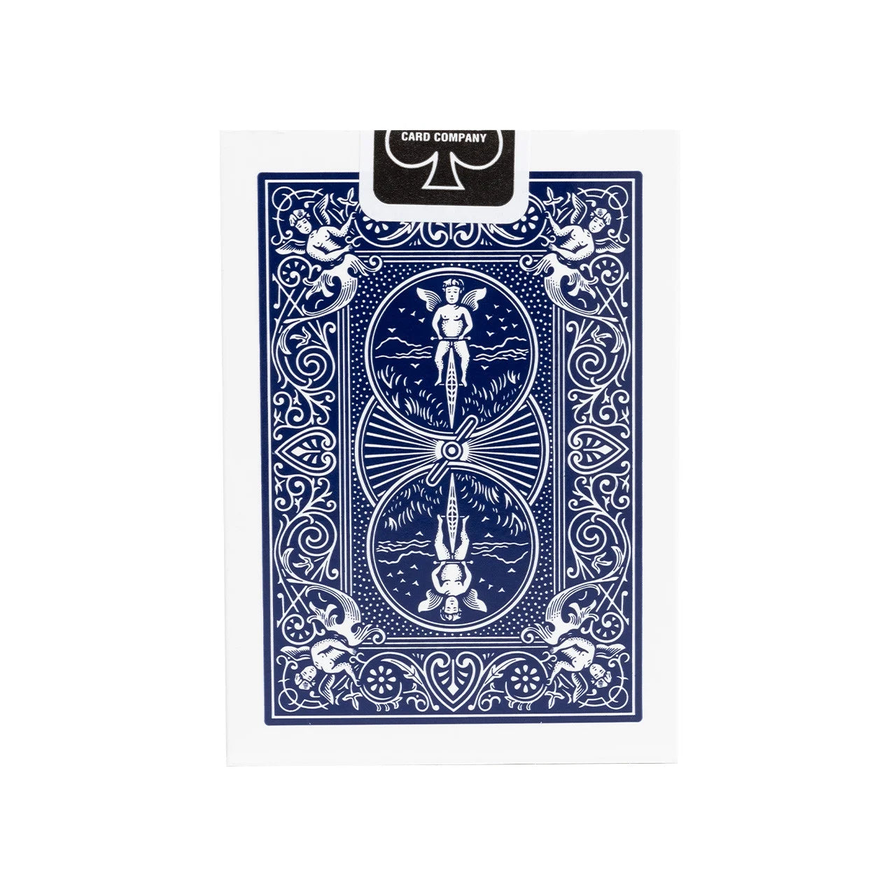Playing card deck with blue and white rider back design on a white background