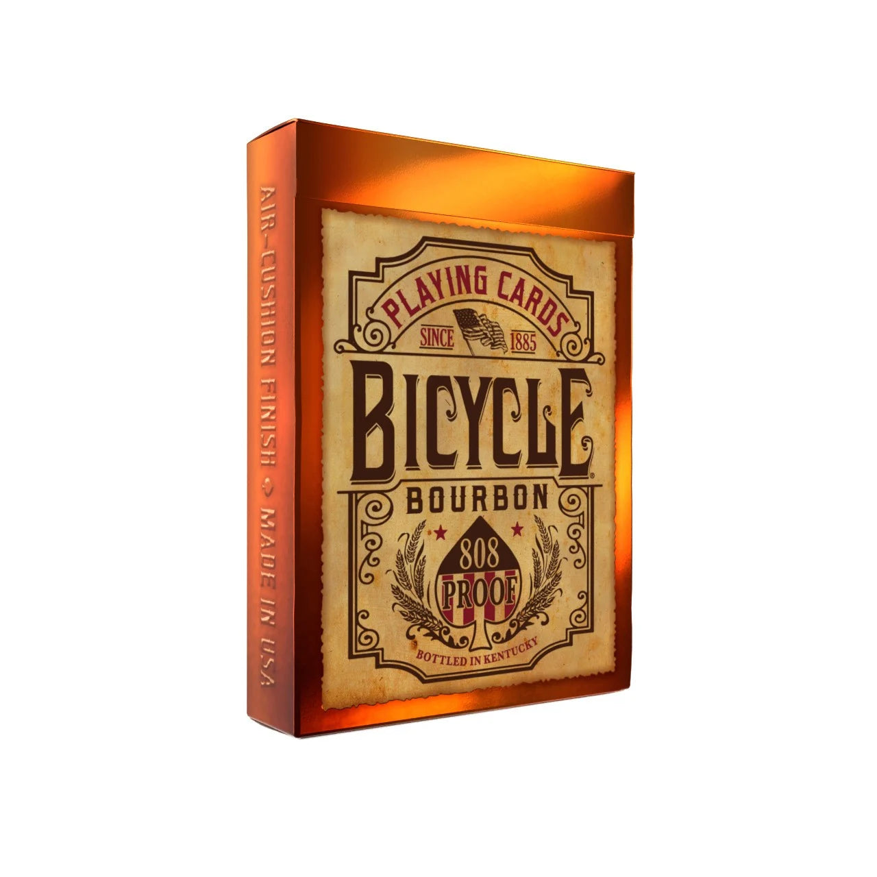 Bicycle Bourbon playing cards tuck box with vintage whiskey‑label design on warm copper background.