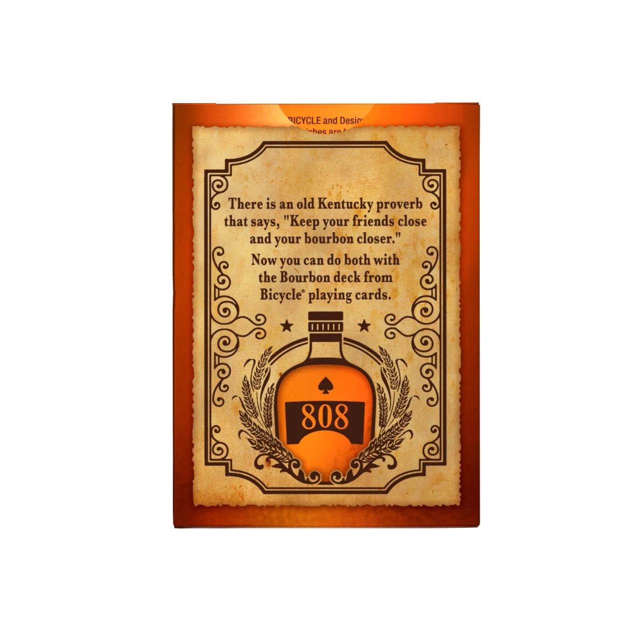 Back of Bicycle Bourbon tuck box showing Kentucky proverb and 808 bourbon bottle illustration.