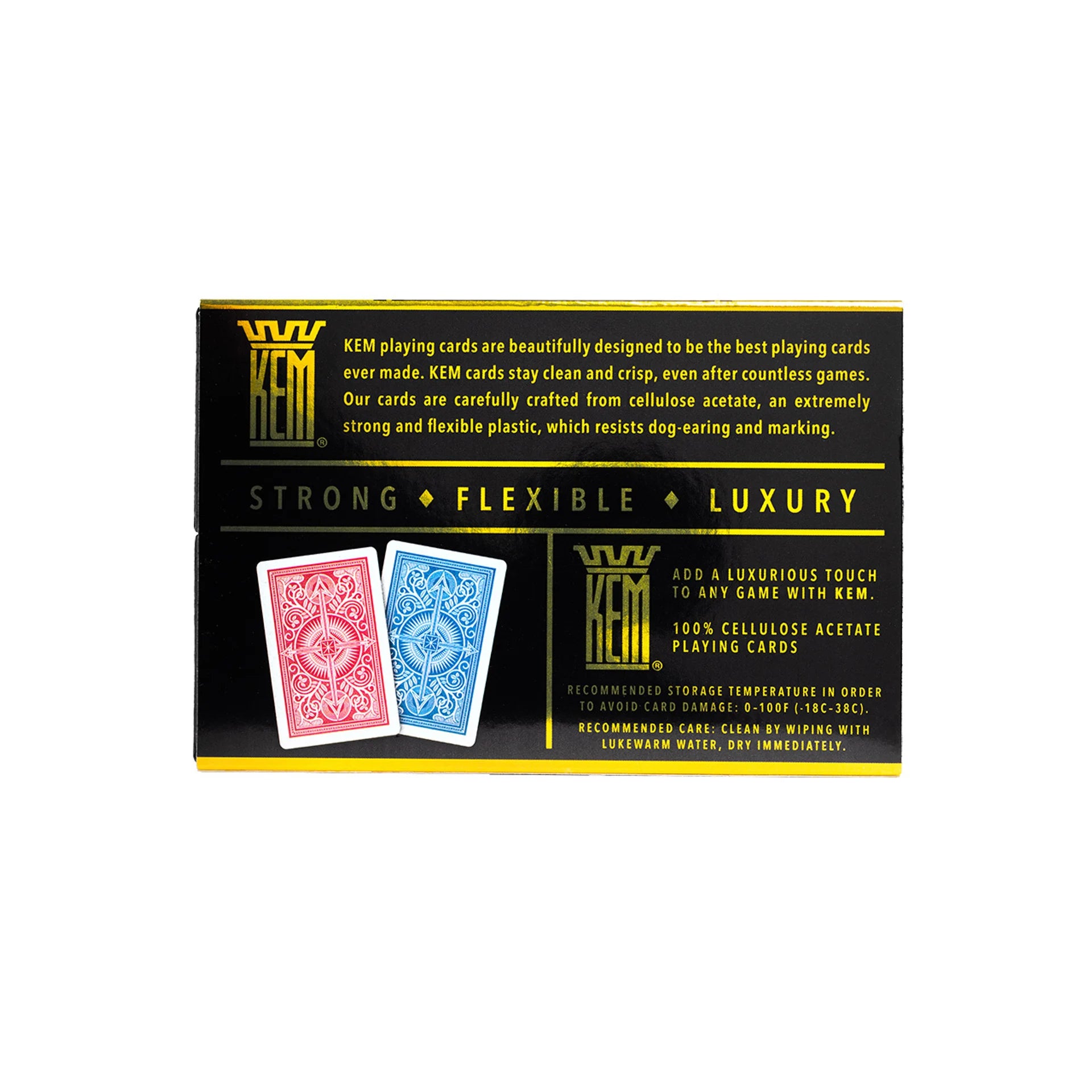 KEM playing cards packaging with text about card quality on a white background
