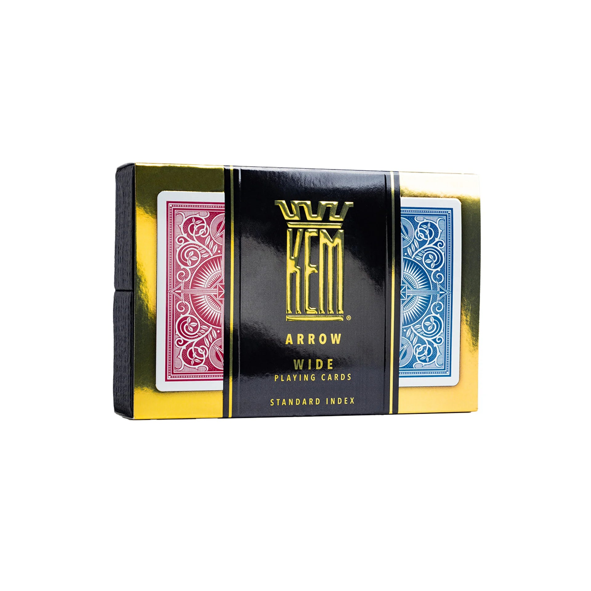 KEM playing card box with gold and black design featuring card backs.