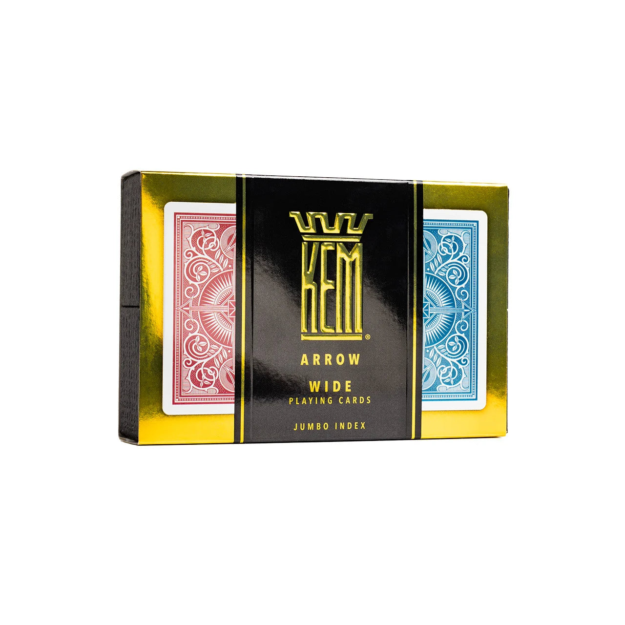 Pack of Arrow Red & Blue playing cards with KEM logo on a white background