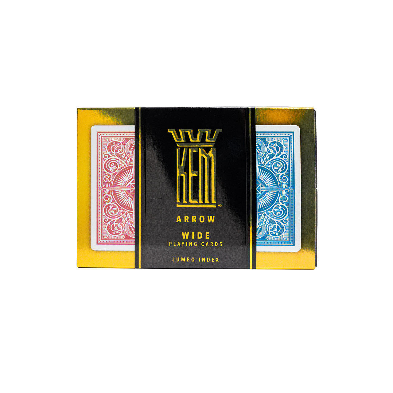 KEM Arrow Red & Blue playing cards with red and blue cards in a black box labeled 'KEM'.