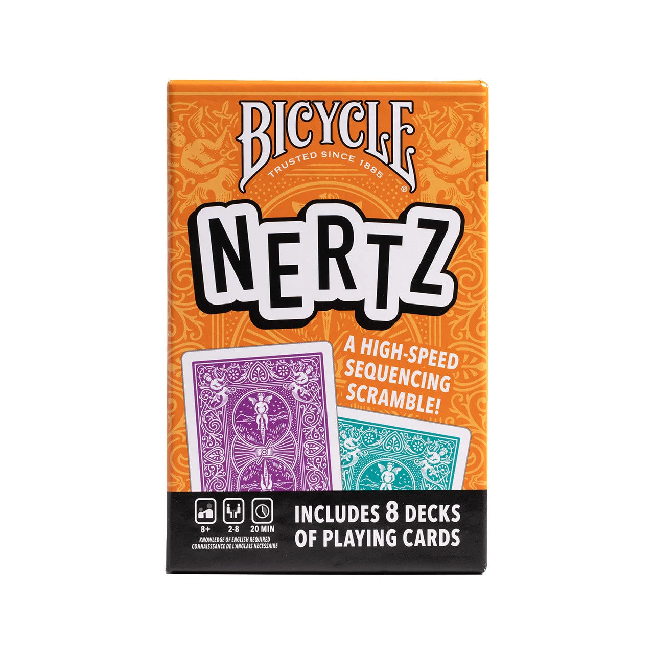 Bicycle Nertz game pack front showing high-speed sequencing scramble and 8 decks included