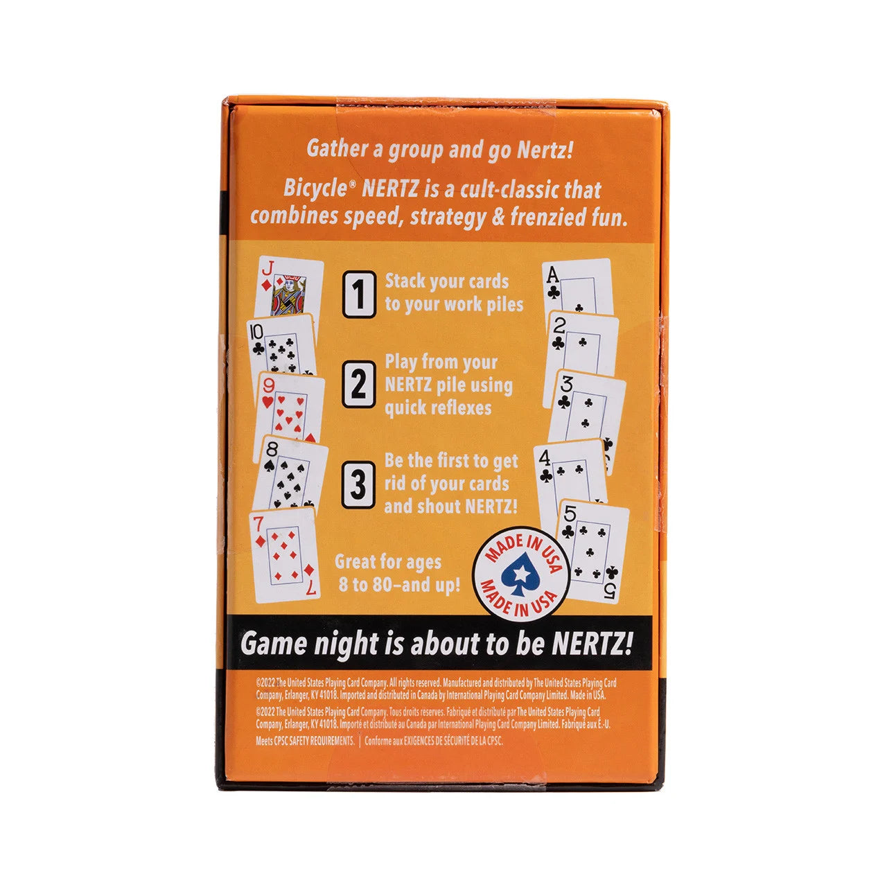 Back of Bicycle Nertz game pack with basic gameplay steps and made in USA badge