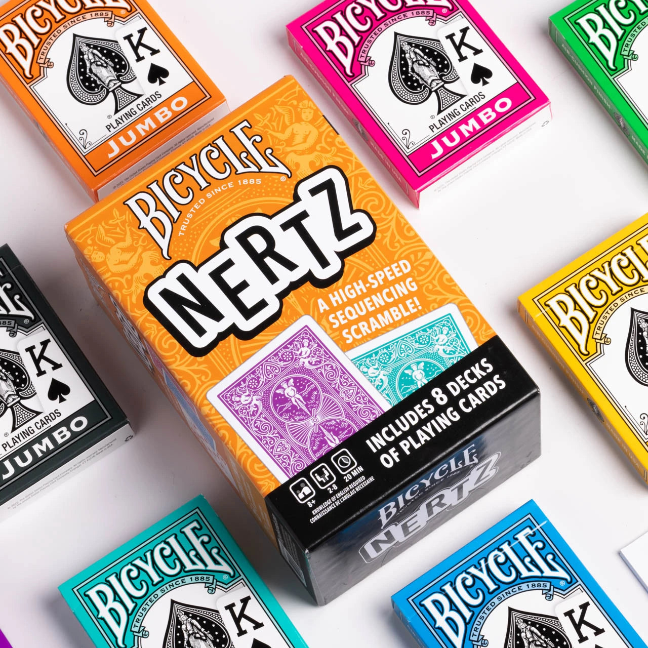 Bicycle Nertz game pack with 8 colorful Bicycle Jumbo decks around the orange Nertz box