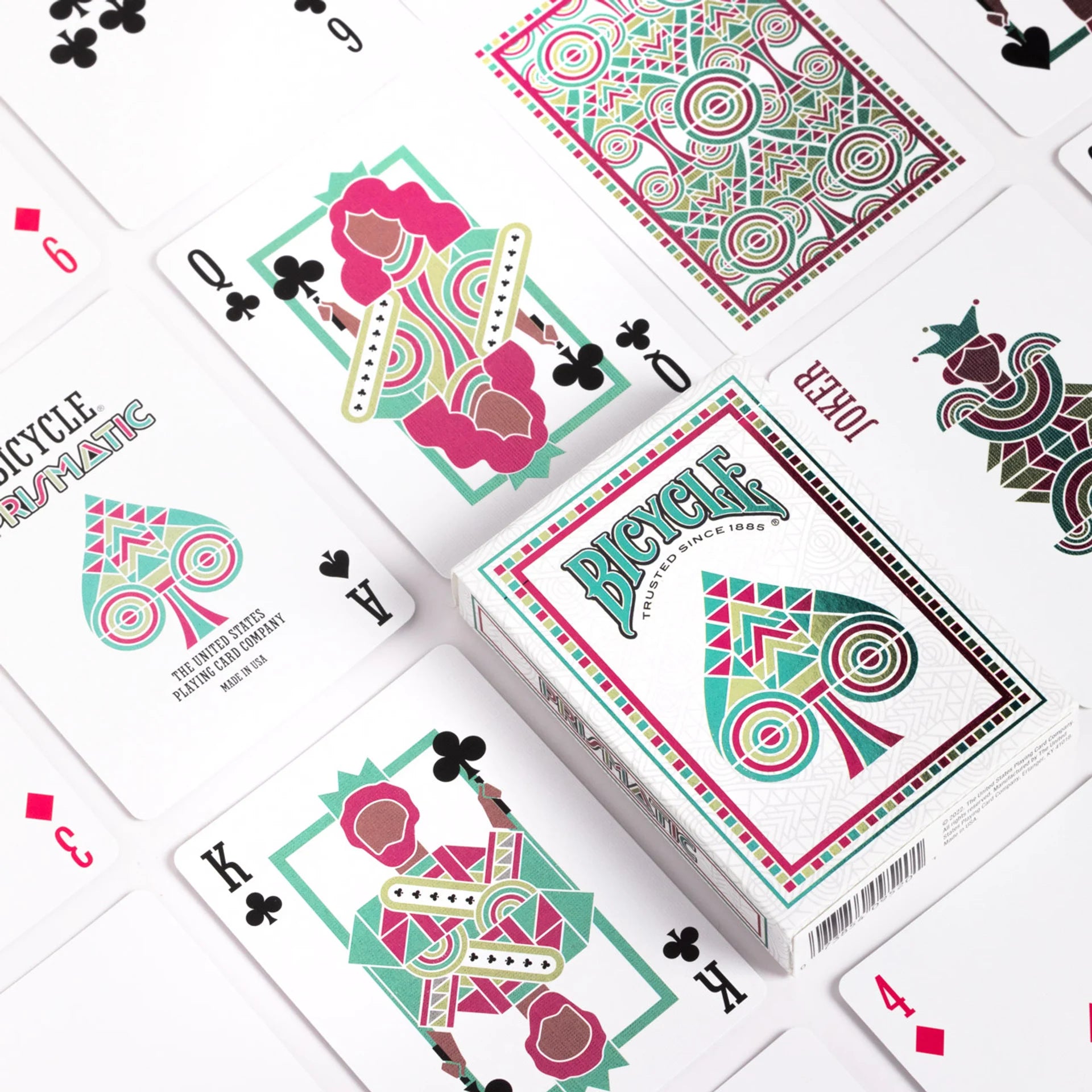 Bicycle Prismatic playing cards with colorful designs on a white background
