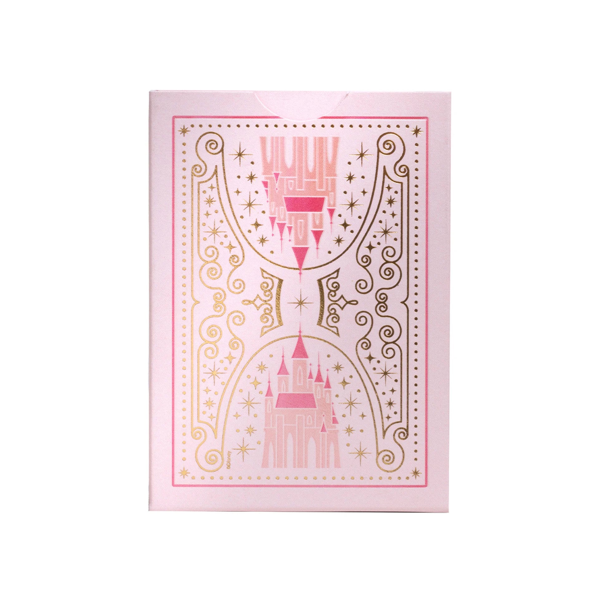 Pink card with decorative design and castle illustration on a white background