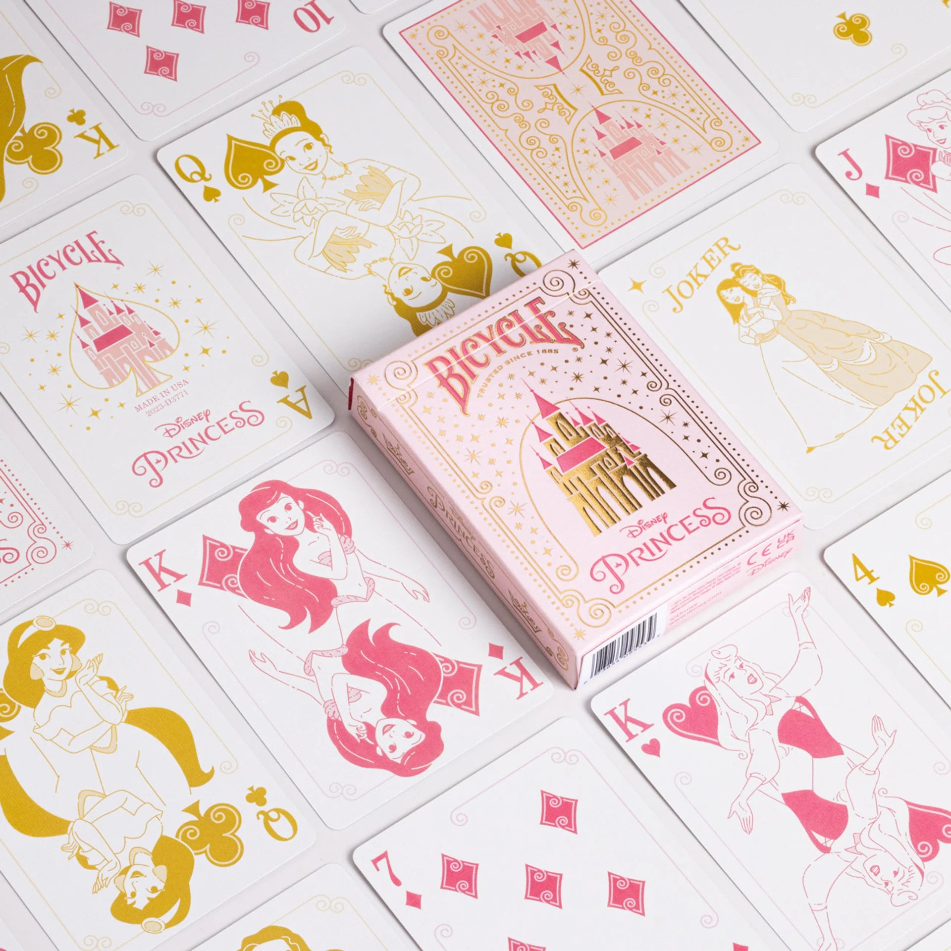 Princess-themed playing cards with a pink box labeled 'Bicycle Princess' on a white background.