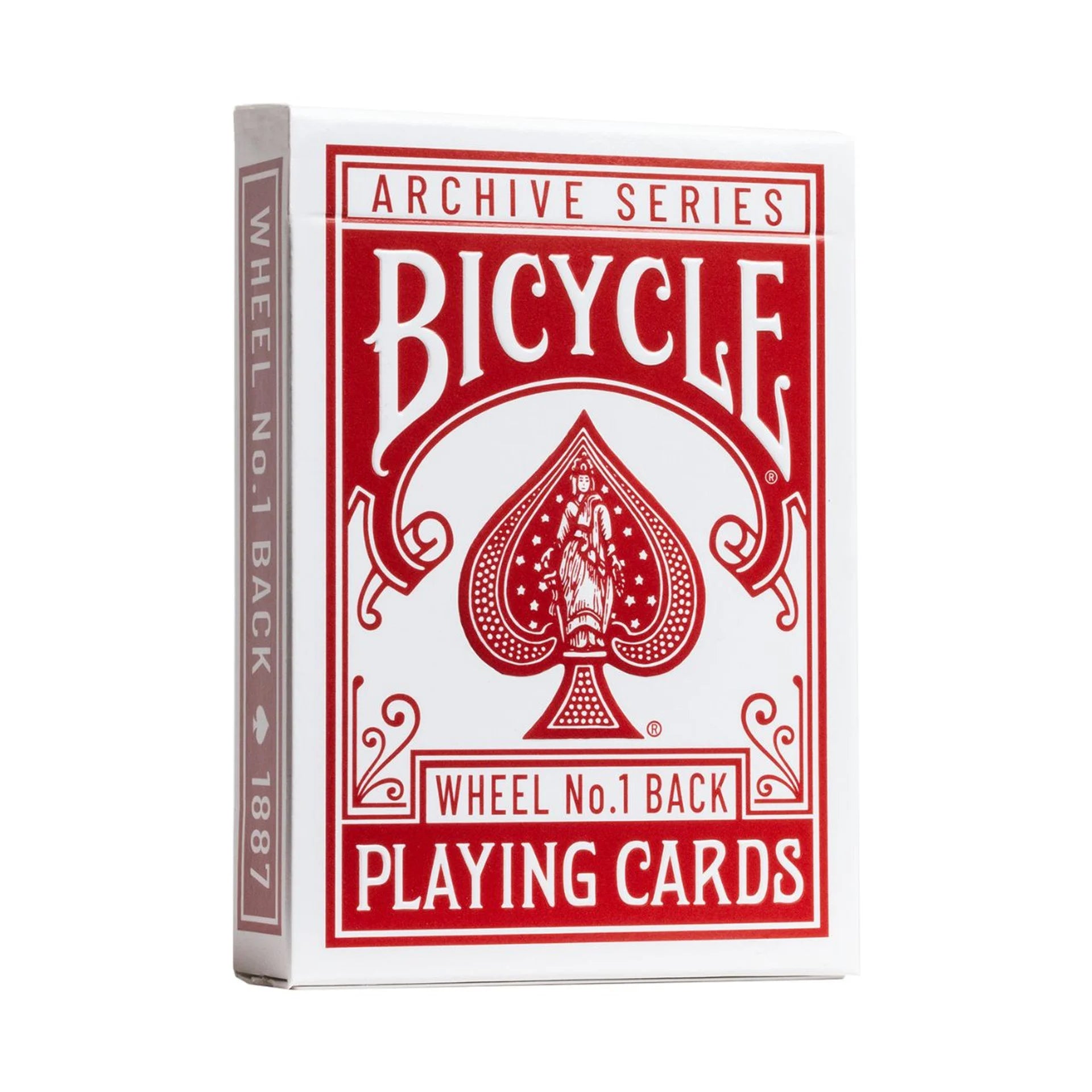 Bicycle Archive Series Wheel No. 1 Back playing cards packaging with red and white design on a white background
