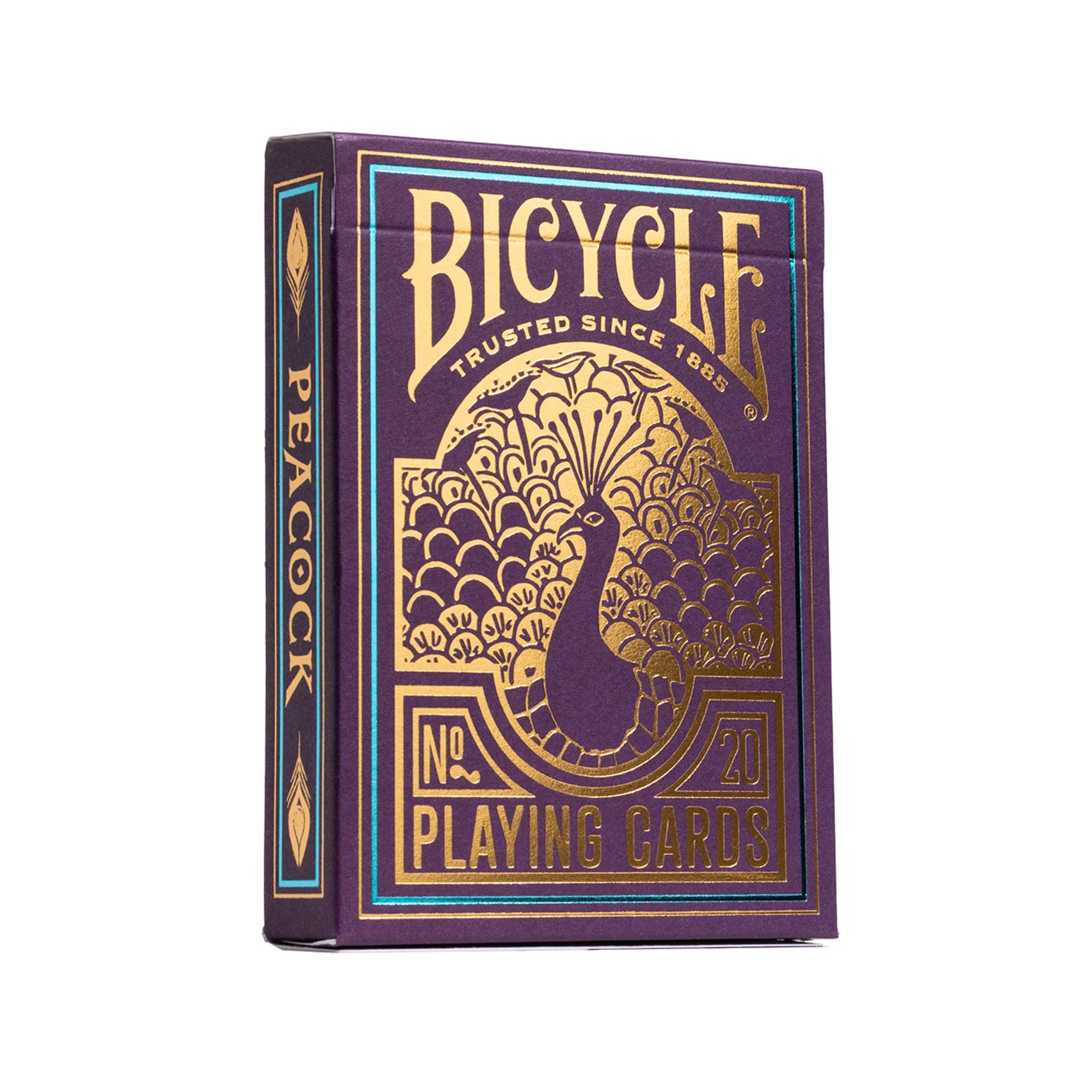 Bicycle Peacock playing cards cold foil packaging on a white background