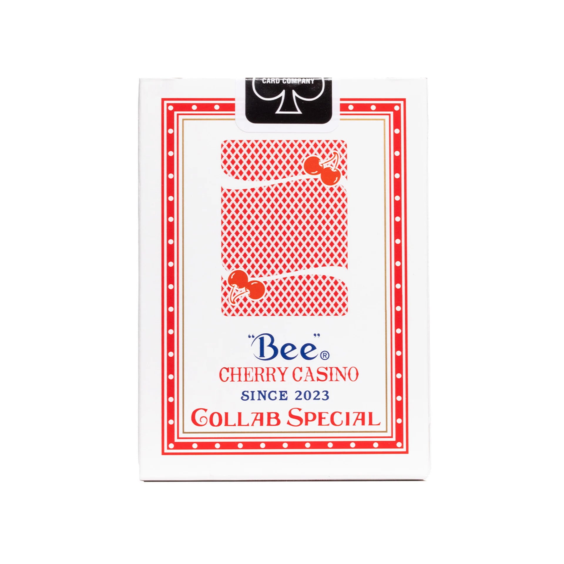 Pack of Bee x Cherry Casino playing cards with 'Bee' branding and cherry design on a white background