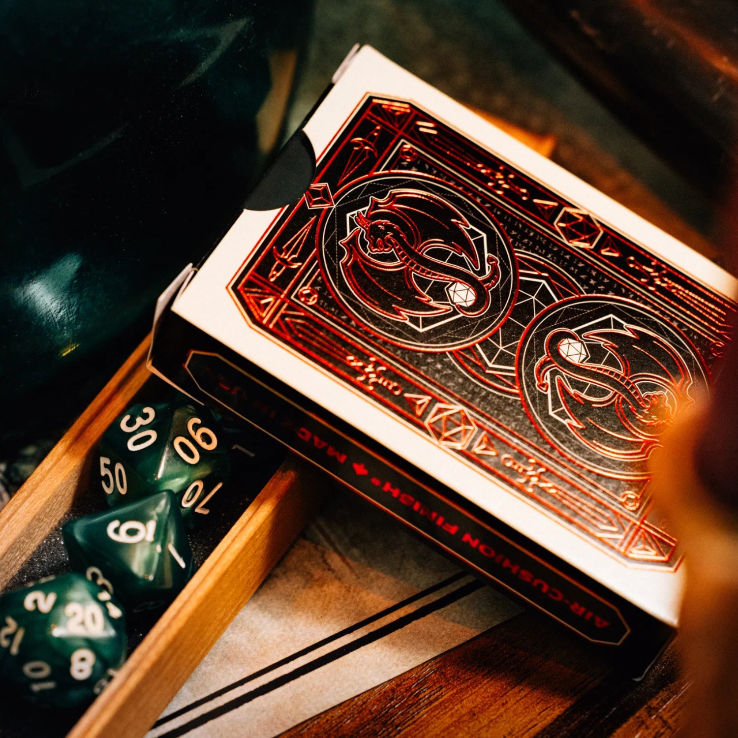 Bicycle Spellbound playing cards tuck box with fantasy dice and game props