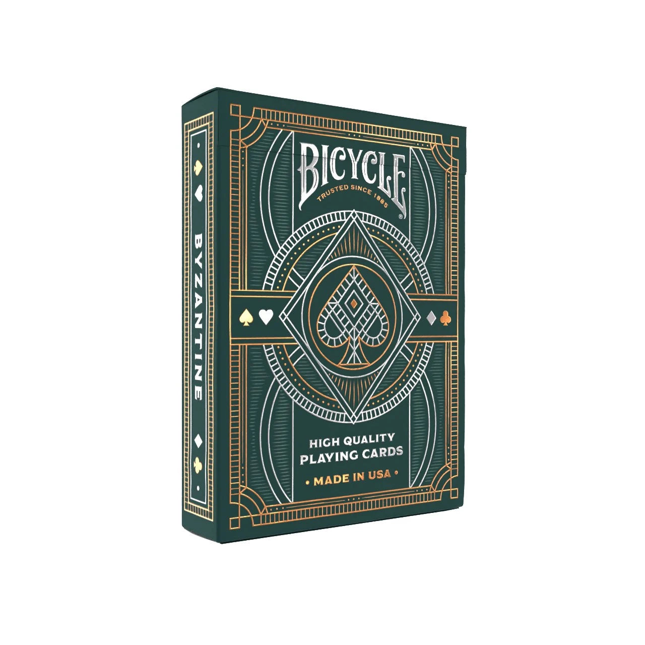 Bicycle Byzantine Playing Cards tuck box in emerald green with gold and silver geometric foil design.