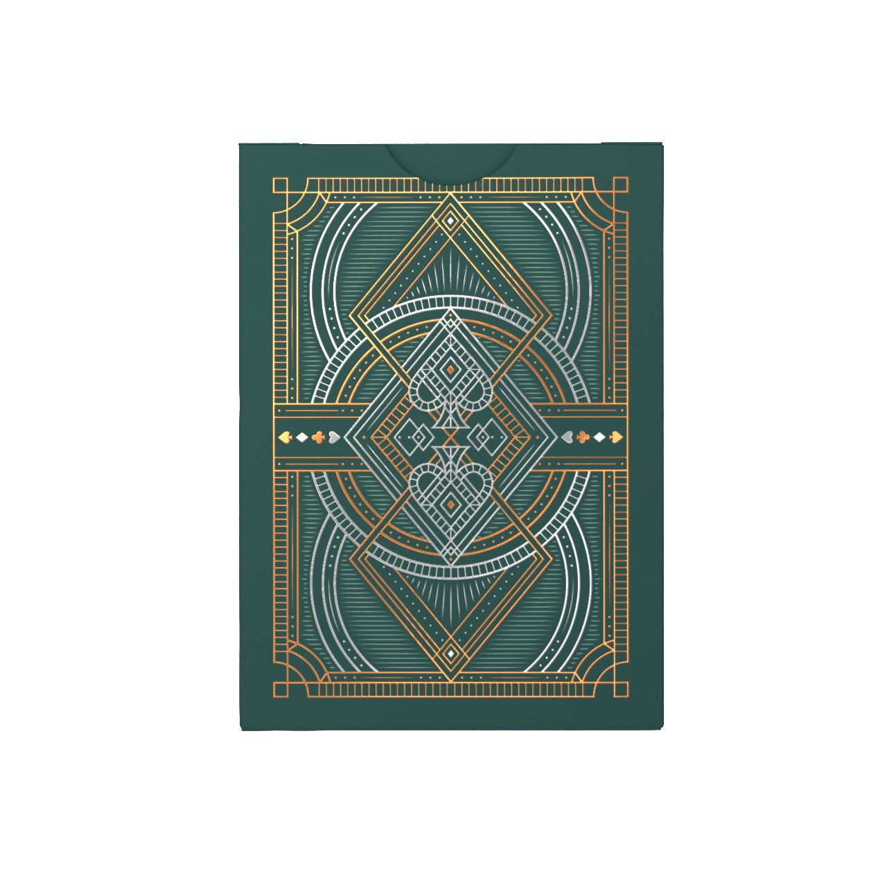 Back of Bicycle Byzantine deck displaying full emerald, gold, and white geometric card back design.