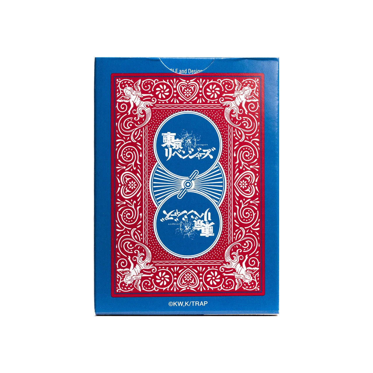 Back of Bicycle Tokyo Revengers tuck showing red and blue custom maiden‑style card back with series logo.