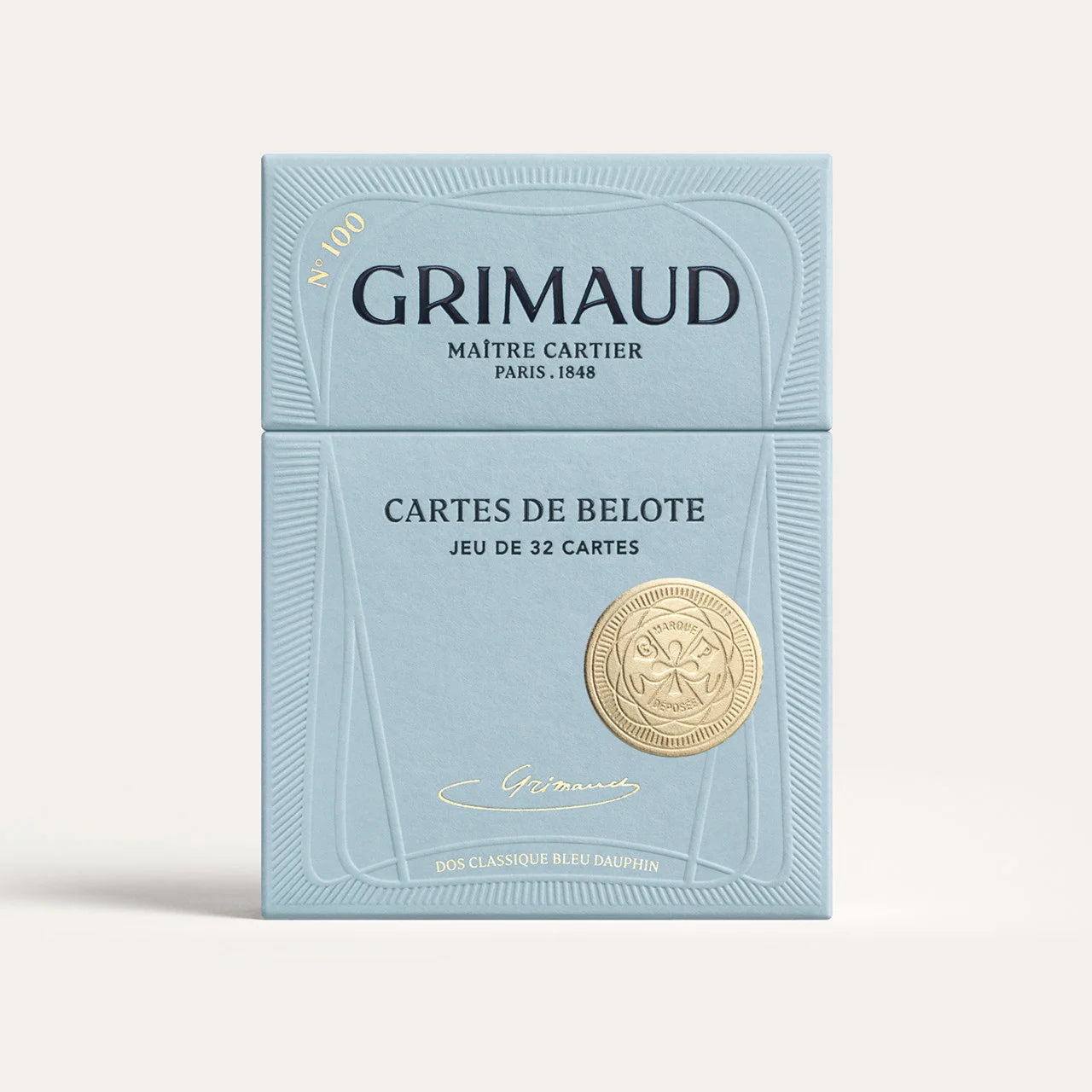 Grimaud N°100 Cartes de Belote box on a light gray background