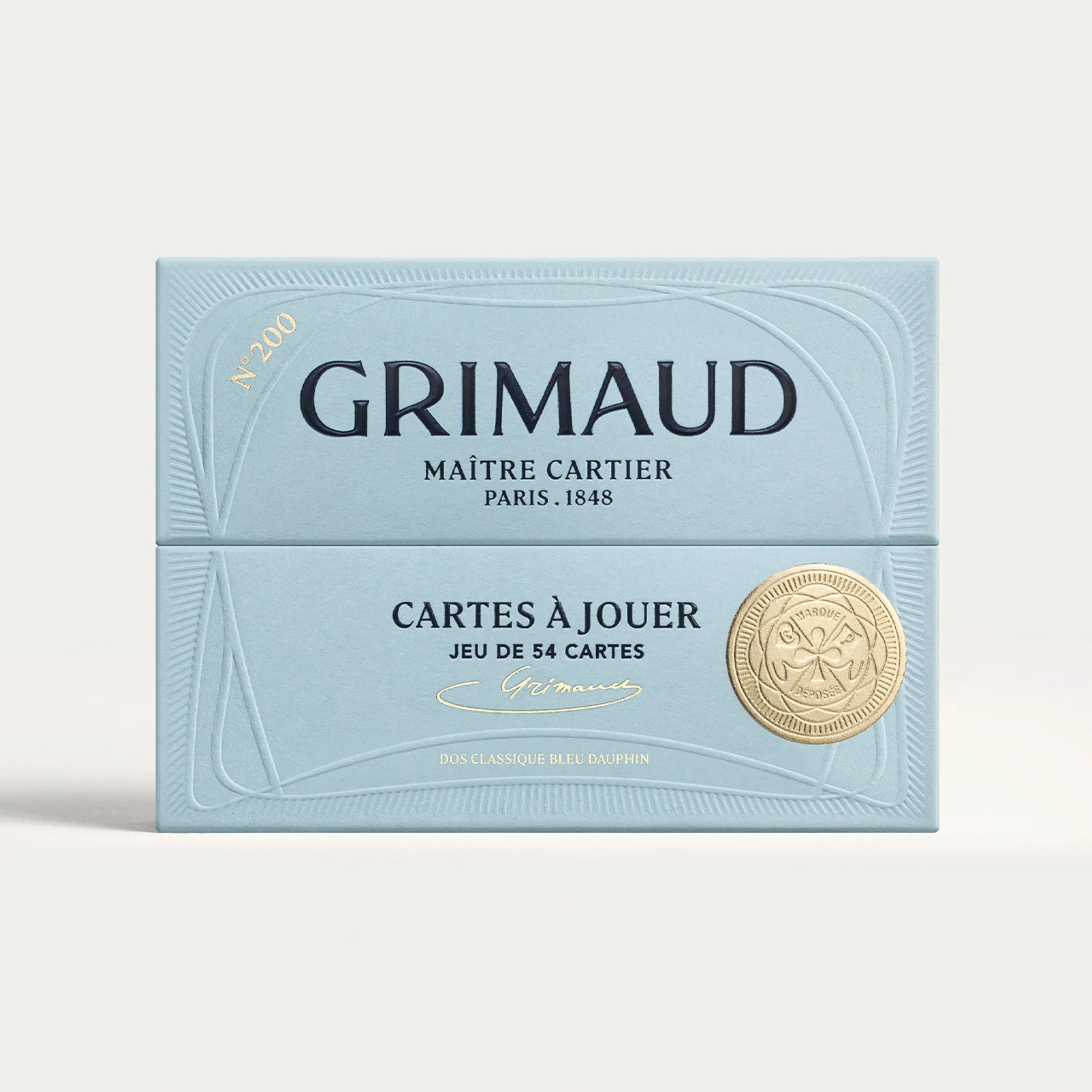 Grimaud N°200 Cartes à Jouer Dolphin Blue playing card box with gold emblem on a white background