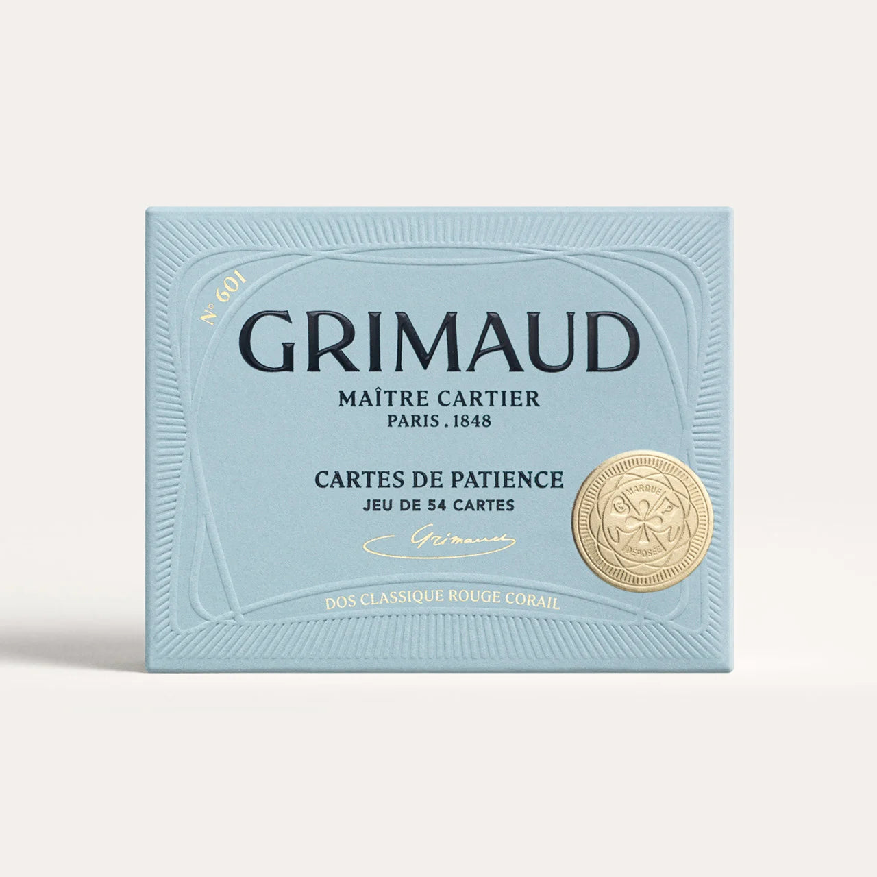Grimaud N°601 Cartes de Patience Mini Cards box with blue design and gold emblem on a white background