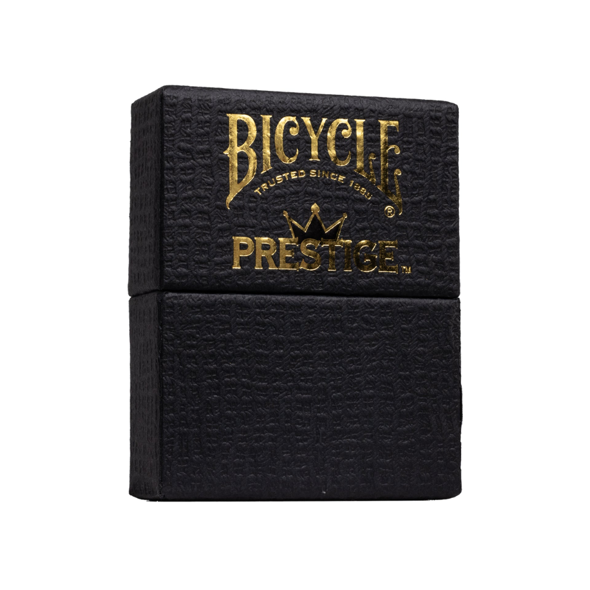 Black deck of cards with 'Bicycle Prestige' branding on a white background