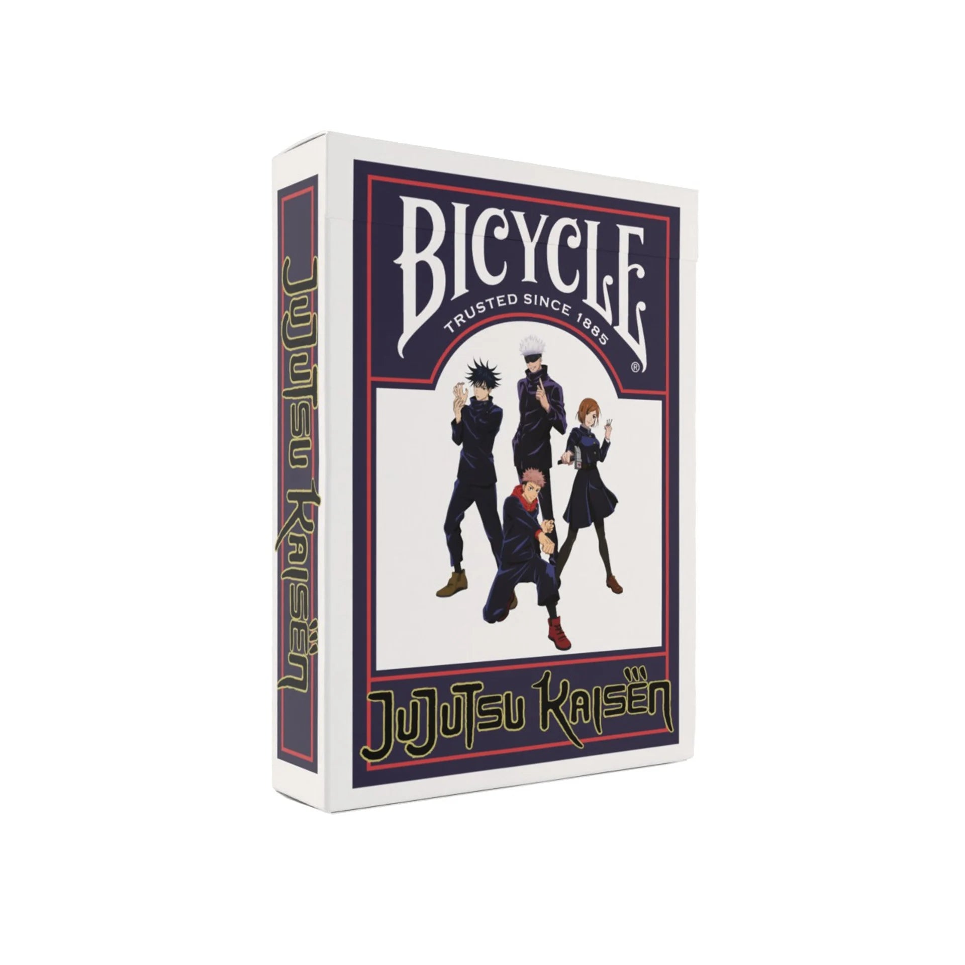 Bicycle Jujutsu Kaisen tuck box with main characters from the anime on a navy and red Bicycle frame