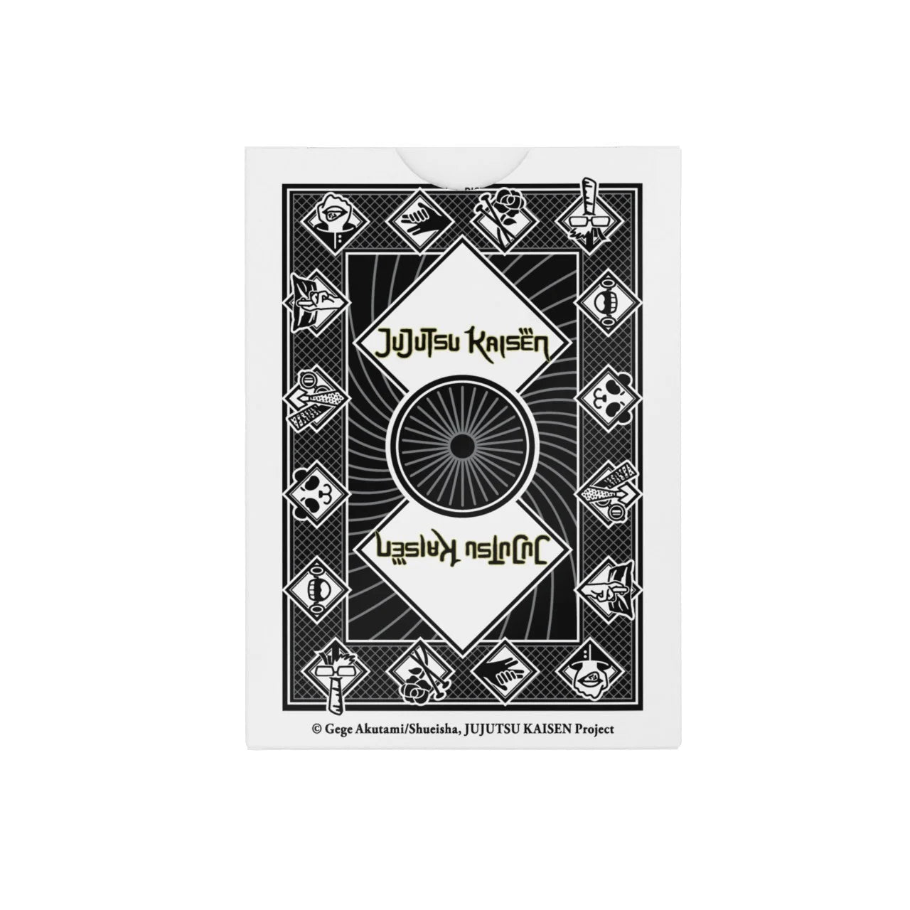 Back design of Bicycle Jujutsu Kaisen card featuring black‑and‑white Tokyo Jujutsu High emblem and curse icons.
