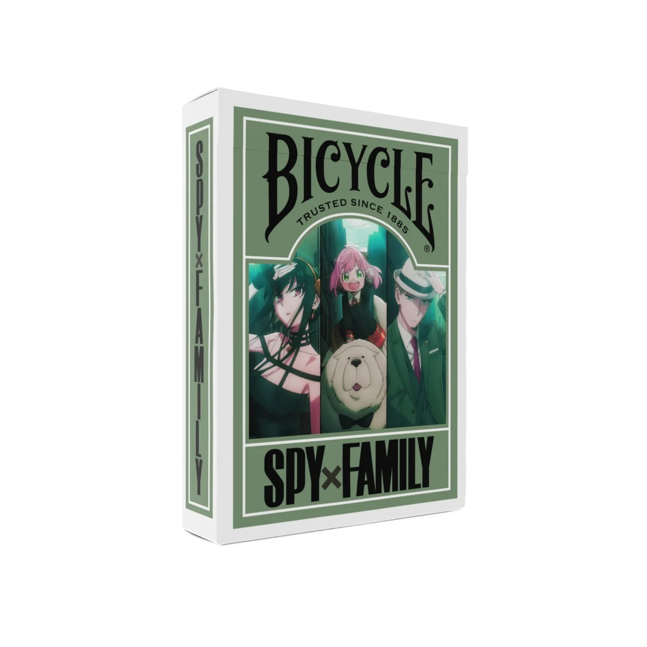 Bicycle Spy x Family playing cards tuck box featuring Loid, Yor, Anya, and Bond on a green Bicycle frame.