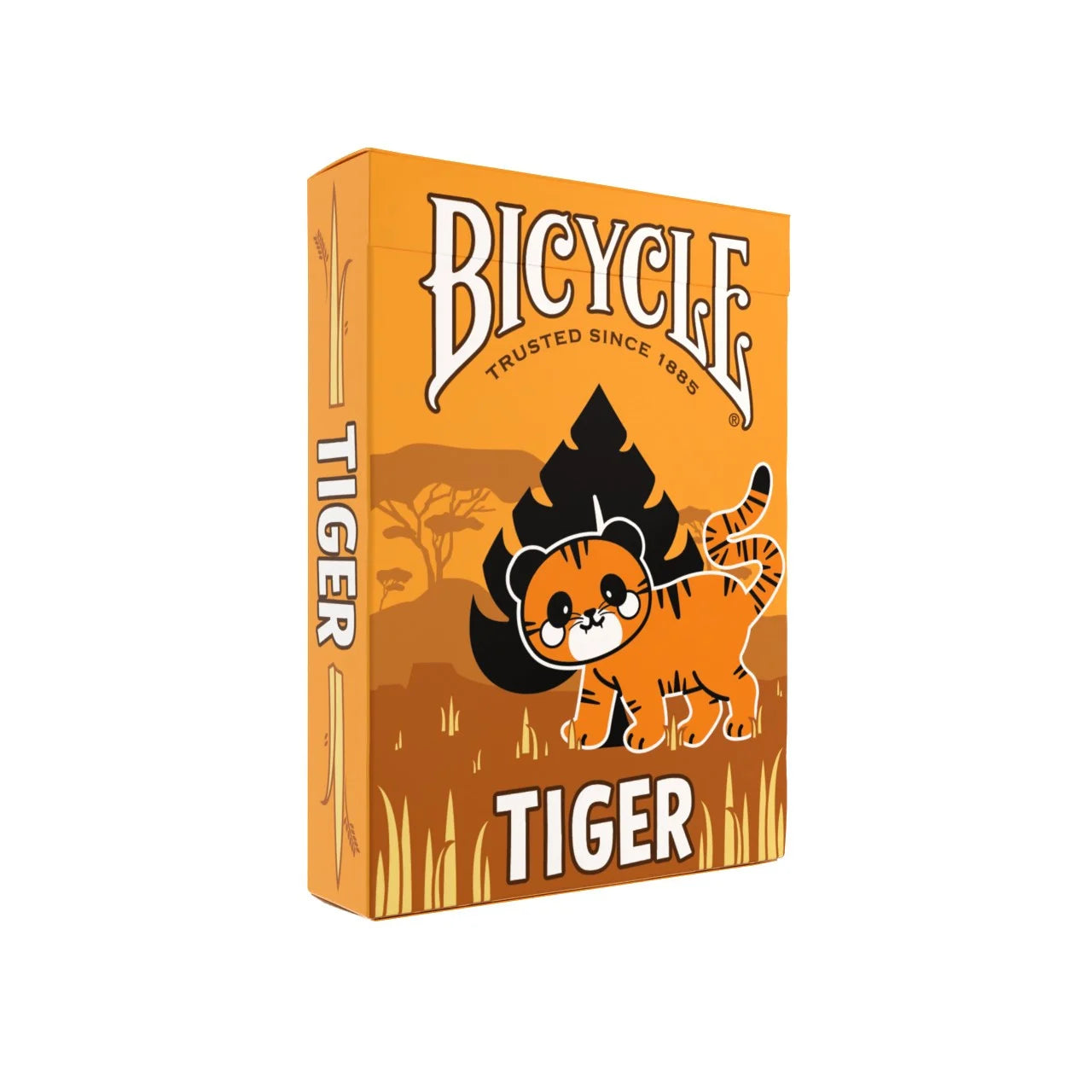 Front angled view of Bicycle Tiger Playing Cards tuck box with cute tiger illustration and safari-style background