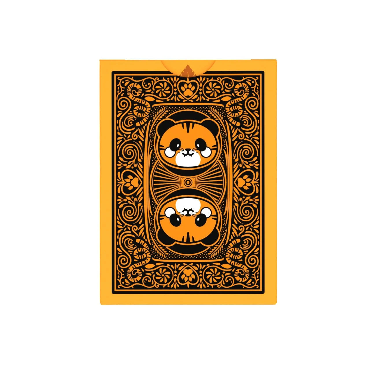 Back of Bicycle Tiger Playing Cards tuck box with ornate mirrored tiger artwork in orange and black