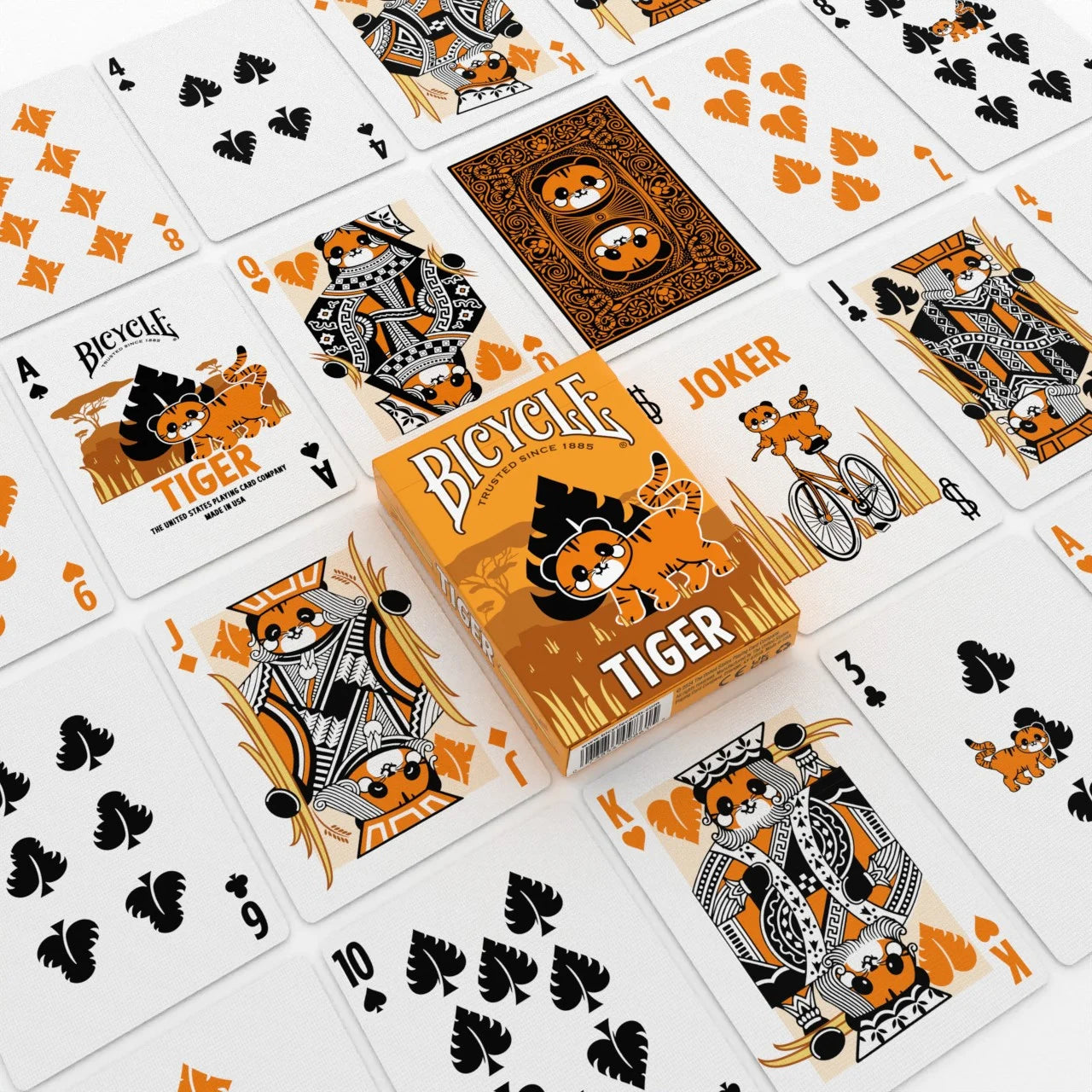Bicycle Tiger Playing Cards flat lay with custom Ace of Spades, Joker, tiger courts, and animal-themed pip cards