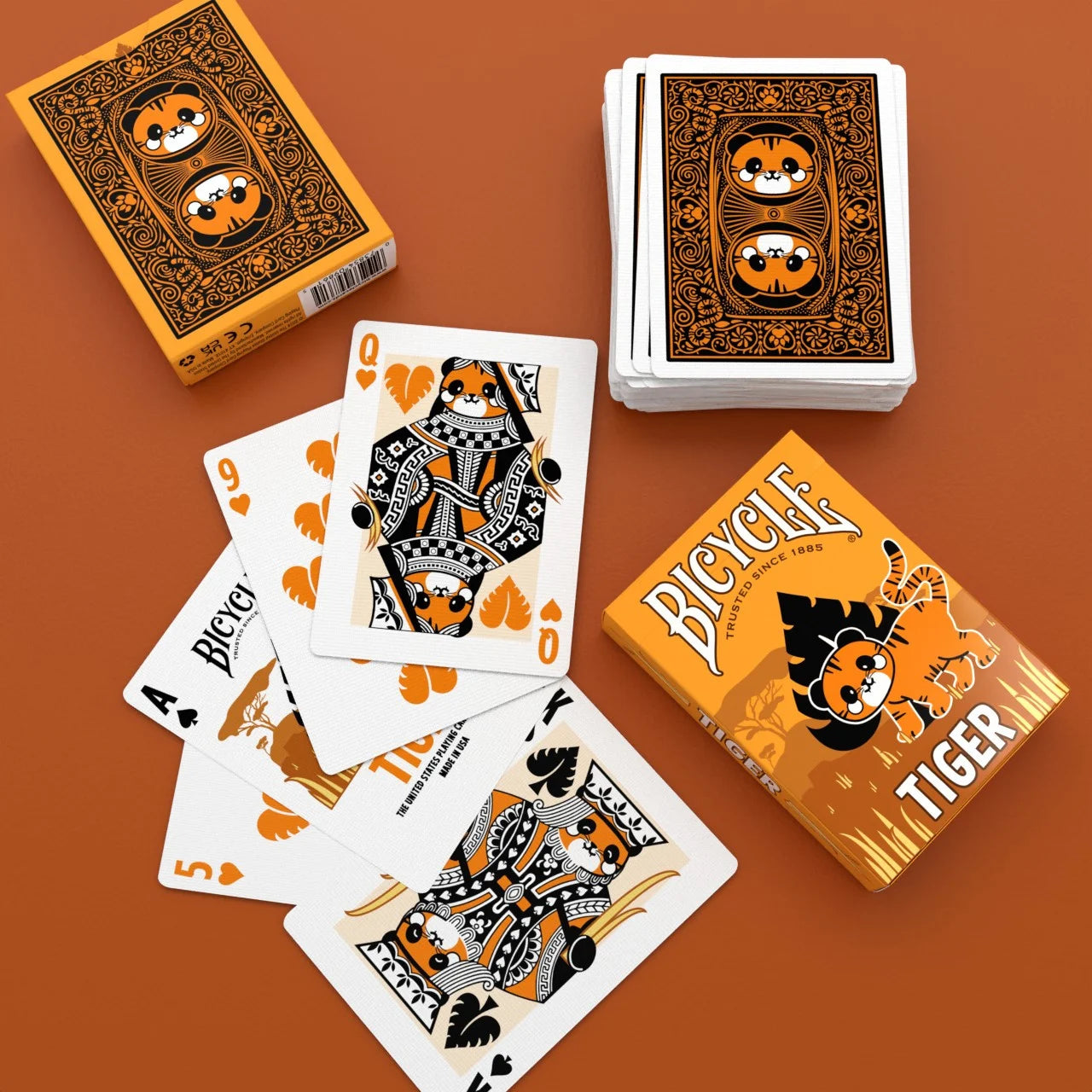 Bicycle Tiger Playing Cards showing tiger tuck boxes, custom card backs, and illustrated tiger Queen and King cards