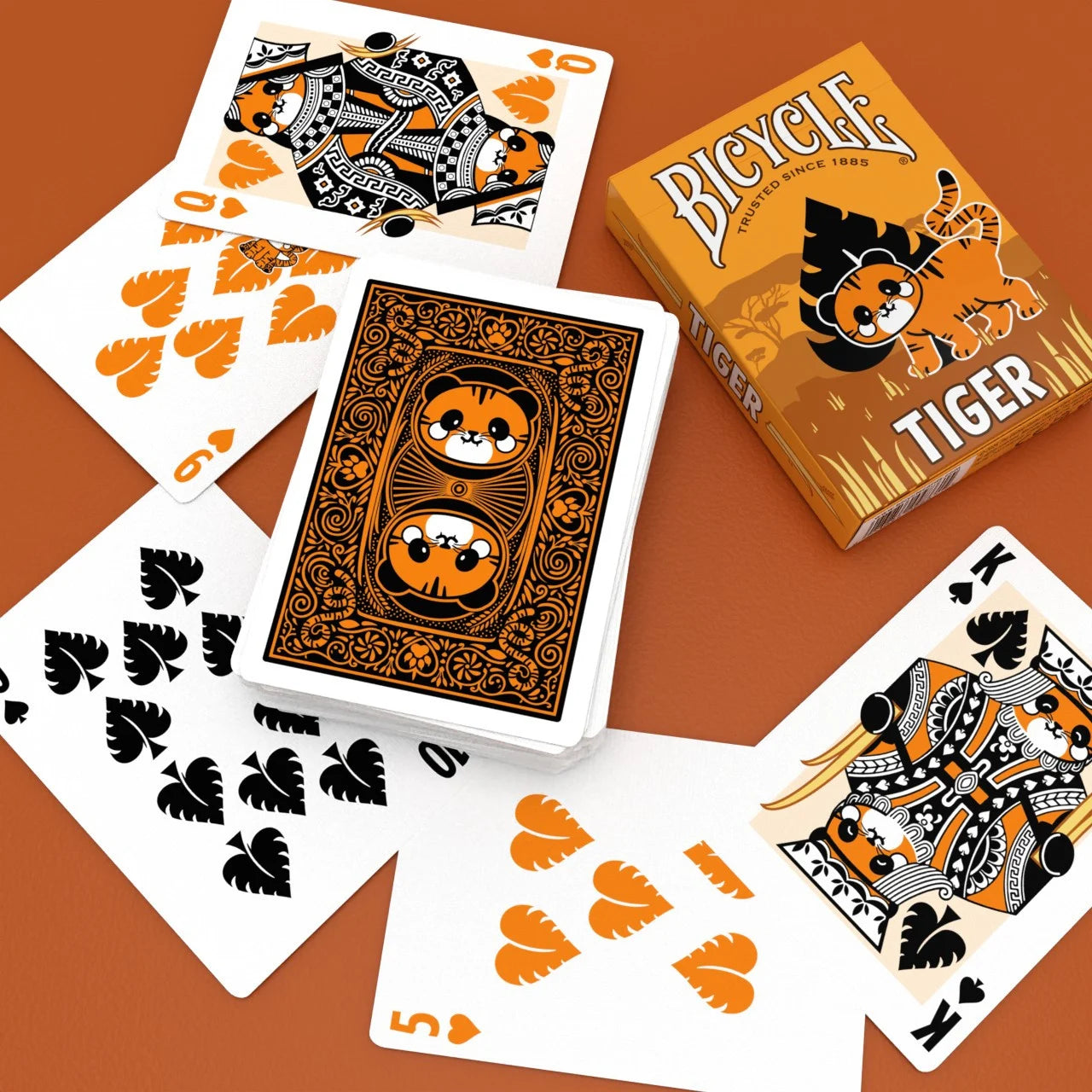 Bicycle Tiger Playing Cards with custom tiger tuck box, ornate backs, and animal-themed orange and black court cards