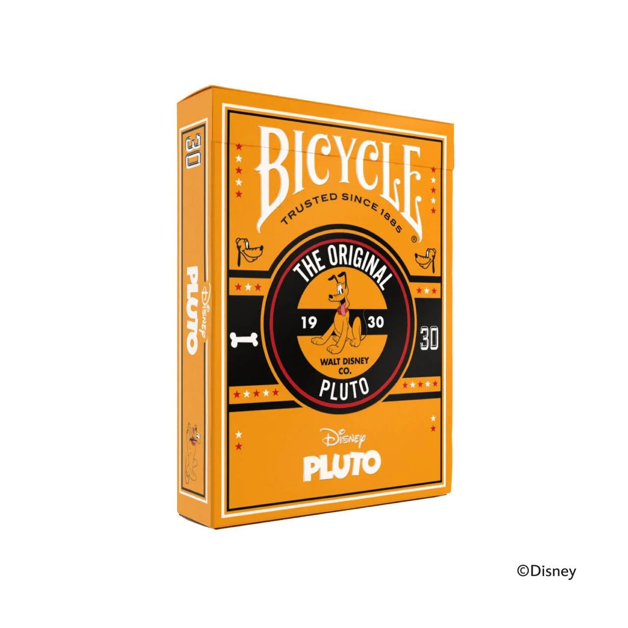 Bicycle Disney Pluto playing cards tuck box in bright orange with ‘The Original Pluto 1930’ emblem.