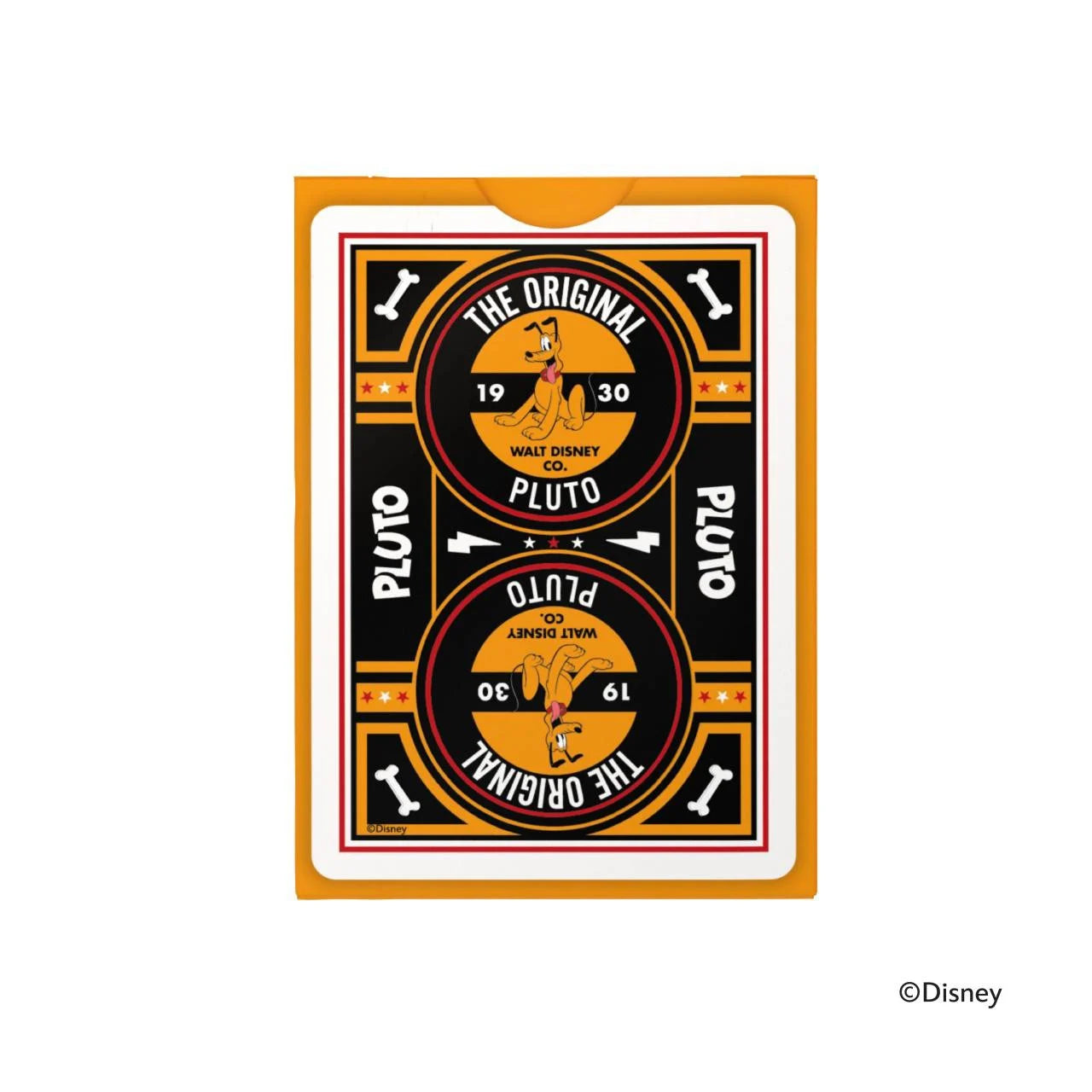 Back of Bicycle Disney Pluto tuck displaying mirrored black‑and‑orange card back with Pluto medallions, stars, and dog bones.