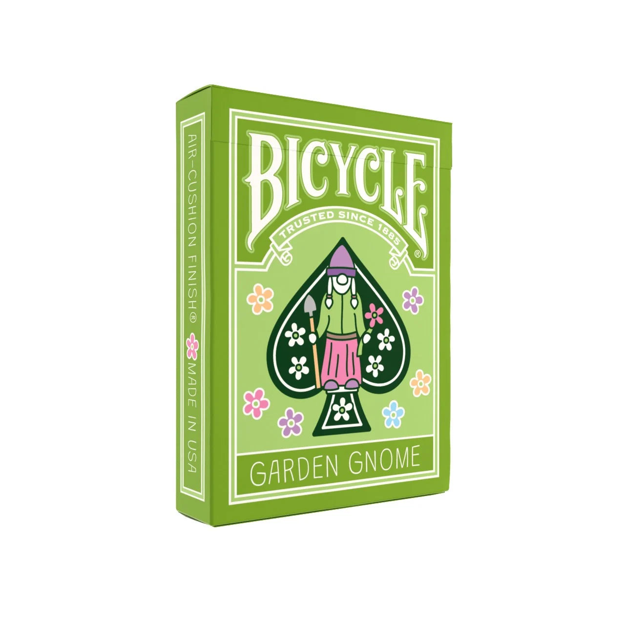 Front angled view of Bicycle Garden Gnome Playing Cards tuck box with custom floral gnome spade illustration