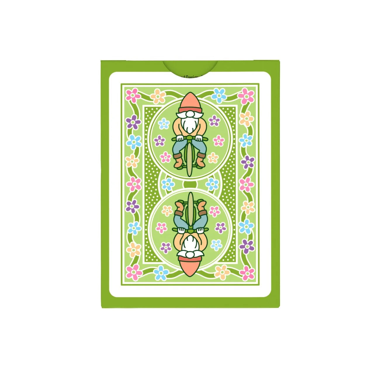 Back of Bicycle Garden Gnome Playing Cards tuck box with mirrored gnome artwork and pastel flower border design